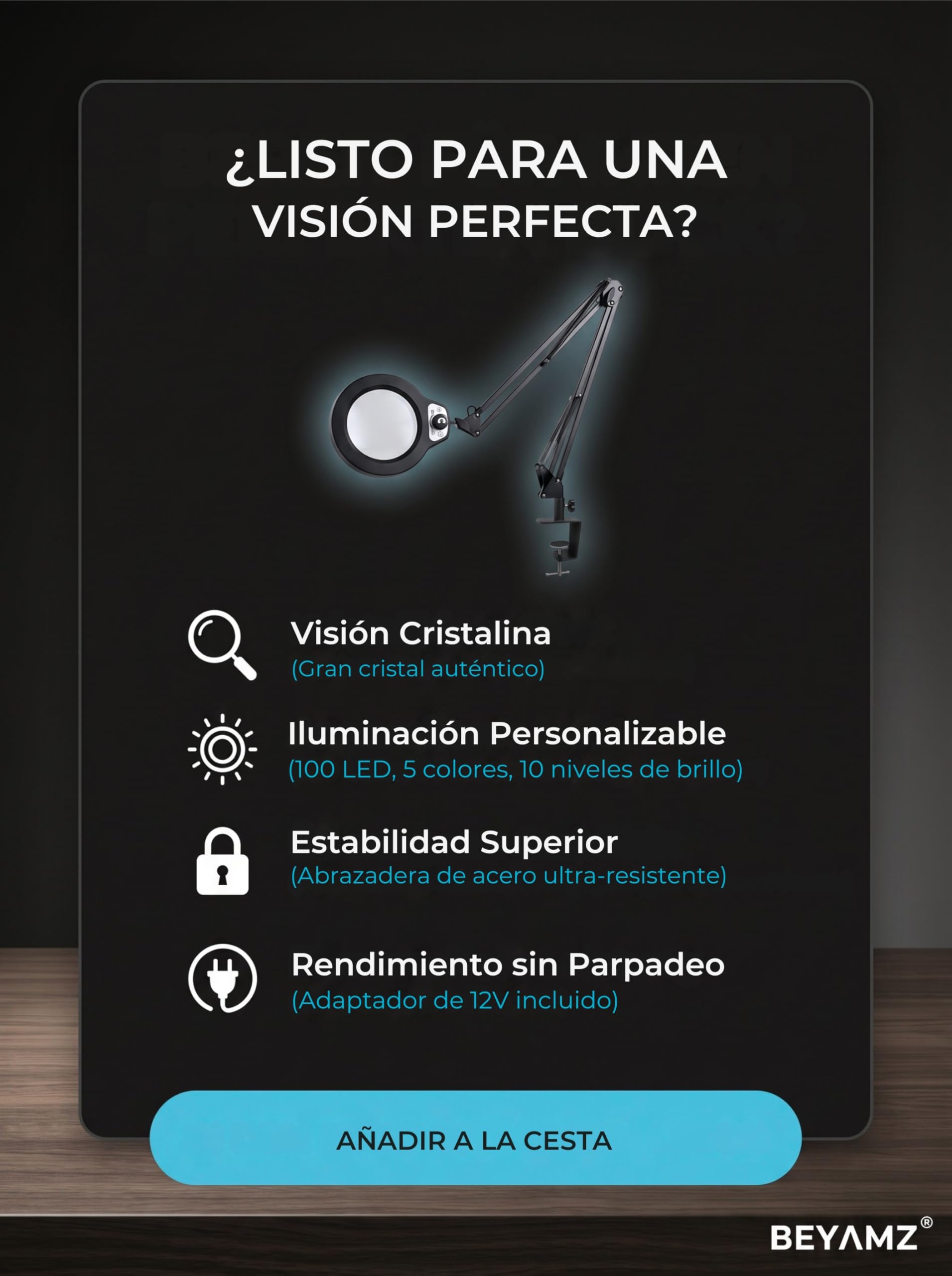 Lámpara Lupa LED con Pinza de Sujeción, Gran Lente de Cristal 5D | Cristal 12,5 cm, 100 LED, 5 colores, brazo 1 m, fuente 12V, mordaza 6,4 cm, precisión, afición, lectura