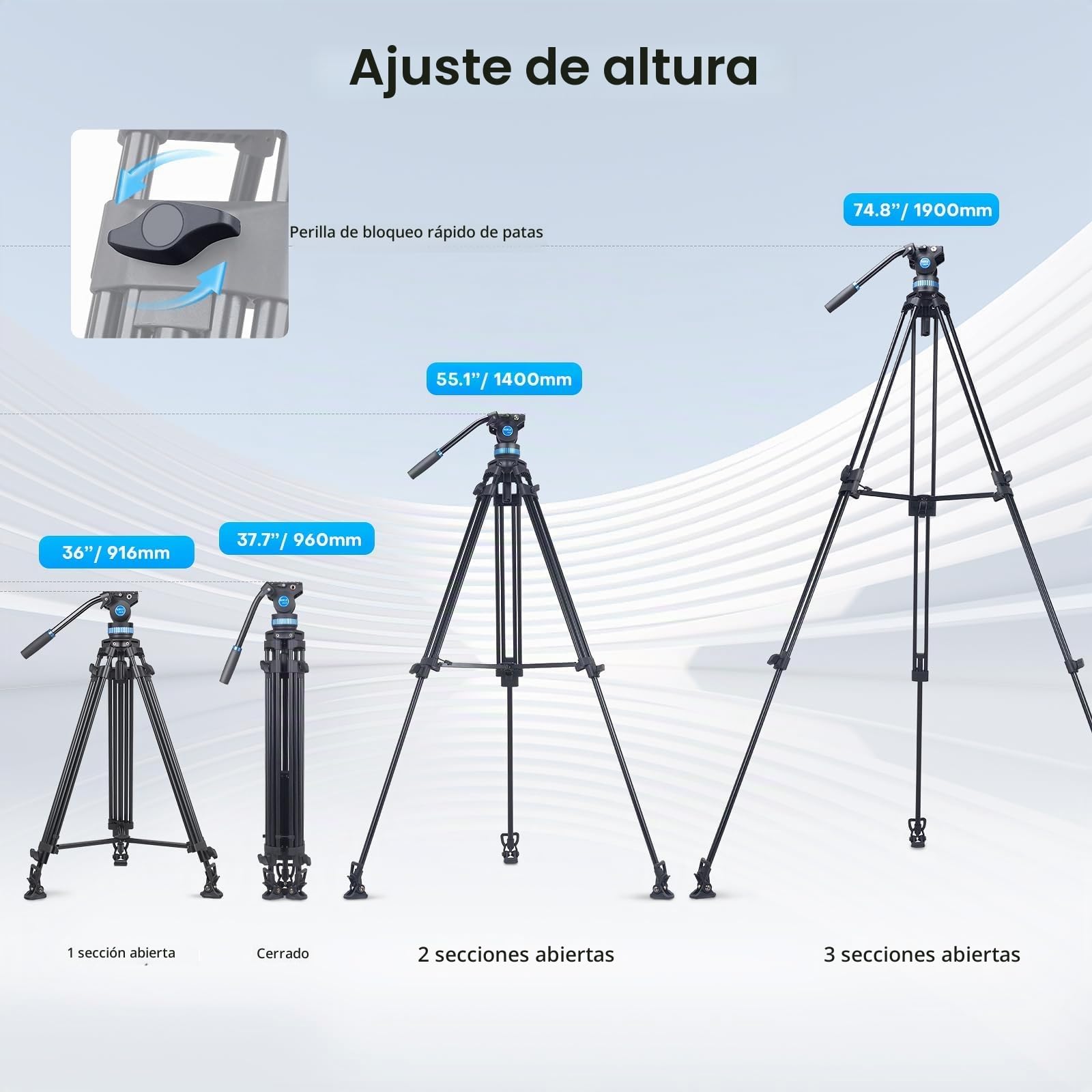 SIRUI 190cm Trípode de Vídeo, 190cm Vídeo Trípode, Trípode Profesional Resistente con Cabezal de Amortiguación de Fluido Ajustable para DSLR, Videocámara, Cámara, Carga Máxima 10kg AM-25S