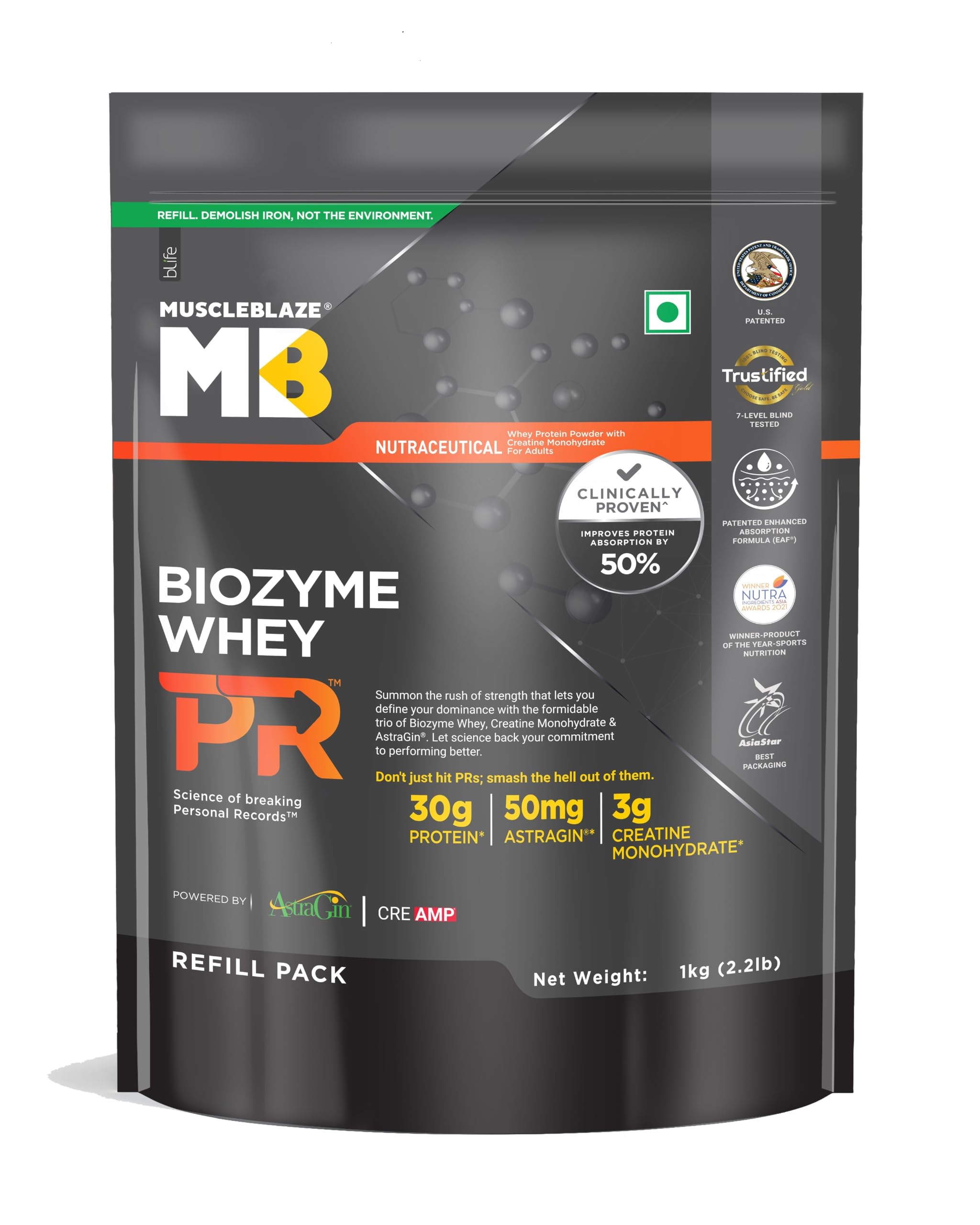 MuscleBlaze Biozyme Whey Protein PR Powder with 30g Protein, 3g Creatine Monohydrate & 50mg AstraGin (Chocolate Fudge, 1kg / 2.2lbs) | Trustified Gold Certified-image-44