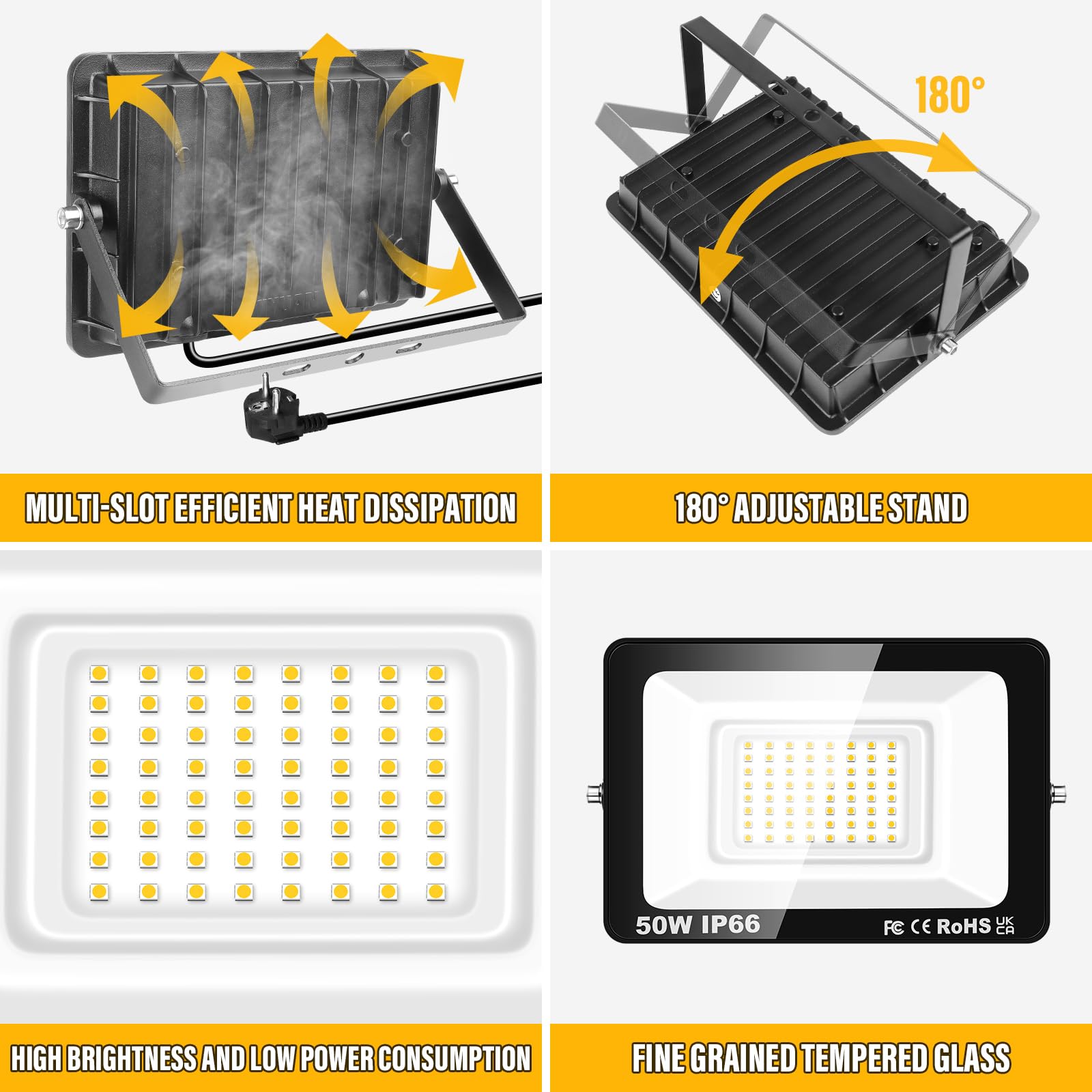 RIGIDON 2x projecteur led extérieur avec prise, 50W 5000lm IP66 étanche | 3000K blanc chaud, luminaires, éclairage de sécurité, spot lampe, pour patio garage terrasse jardin chantier muraux atelier