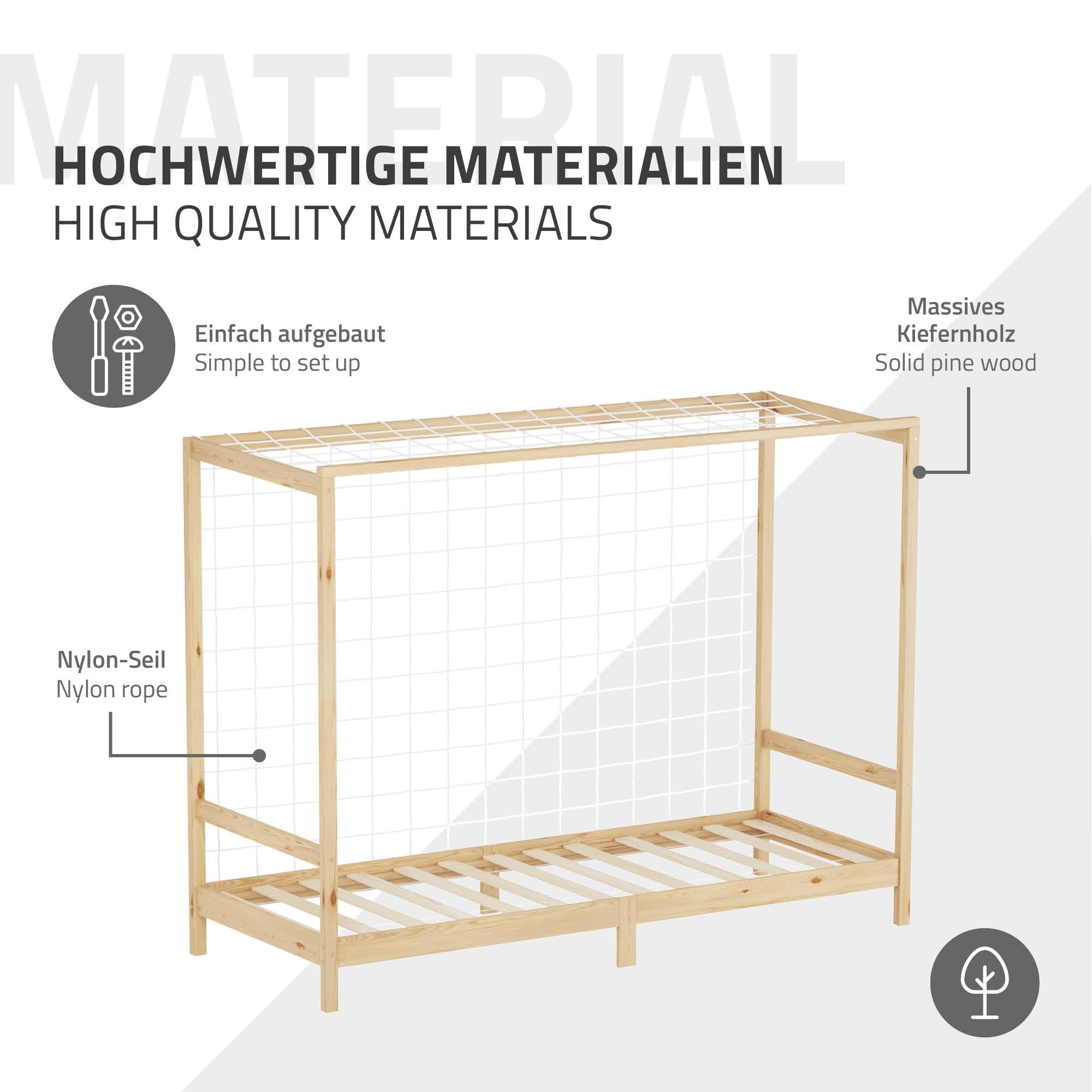 ML-Design Kinderbett Fußballtor 90 x 200 cm, Natur, Einzelbett für Kinder, Holzbett mit Lattenrost und Tornetz, Jugendbett aus Kiefernholz, Bettgestell Holzrahmen Spielbett Fußballbett-Tor Handballtor