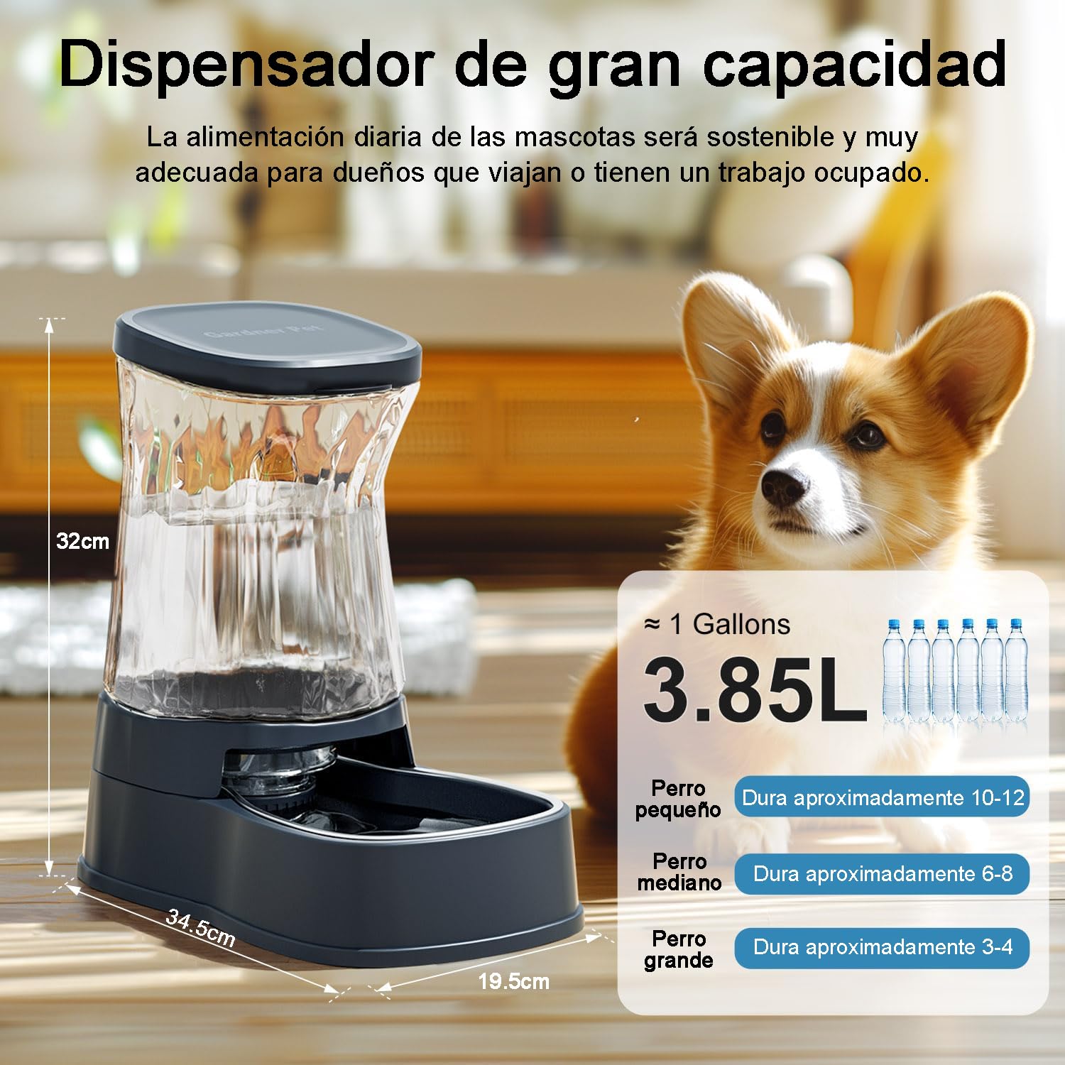 Gardner Pet 3.85L Comedero Gato Automatico, Bebedero Gatos Automatico con Bol Acero Inoxidable, Bebedero Perro para Gravedad, Sin BPA, Prevenir el Vertido, No Requiere Electricidad (Gris)