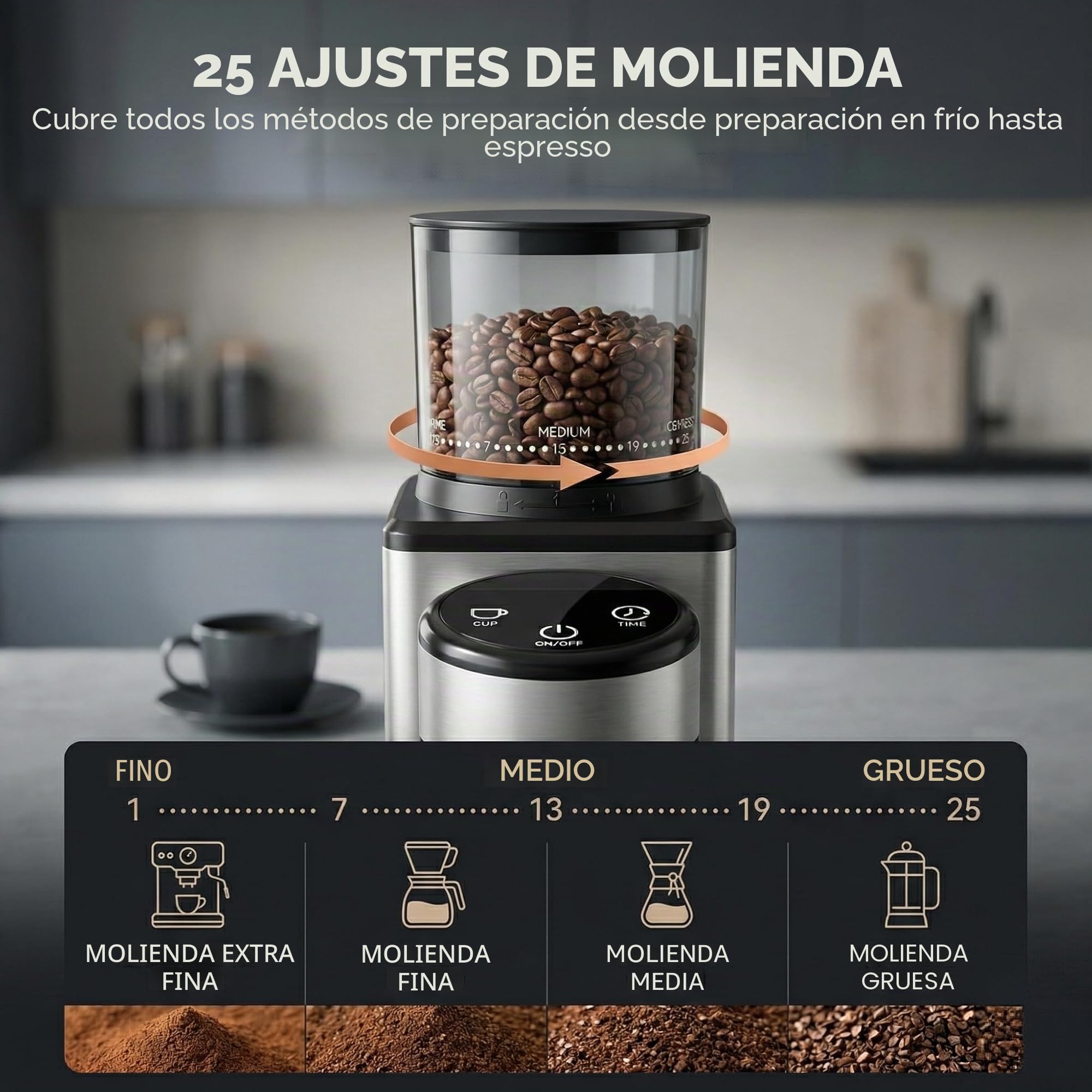 Molinillo de café eléctrico para el hogar, molinillo de cono de acero inoxidable, 25 grados de trituración, molinillo de café silencioso para espresso, café de filtro y jarra de