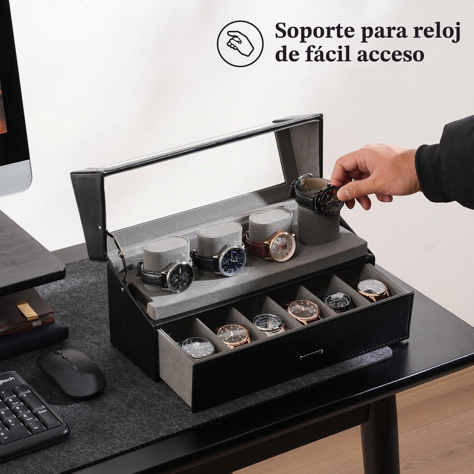 ProCase Caja para Relojes, Estuche Expositor 10 Ranuras con Tapa Acrílica, Organizador de 2 Niveles con Cajón, Soporte para Relojes de Hombre y Mujer - Negro