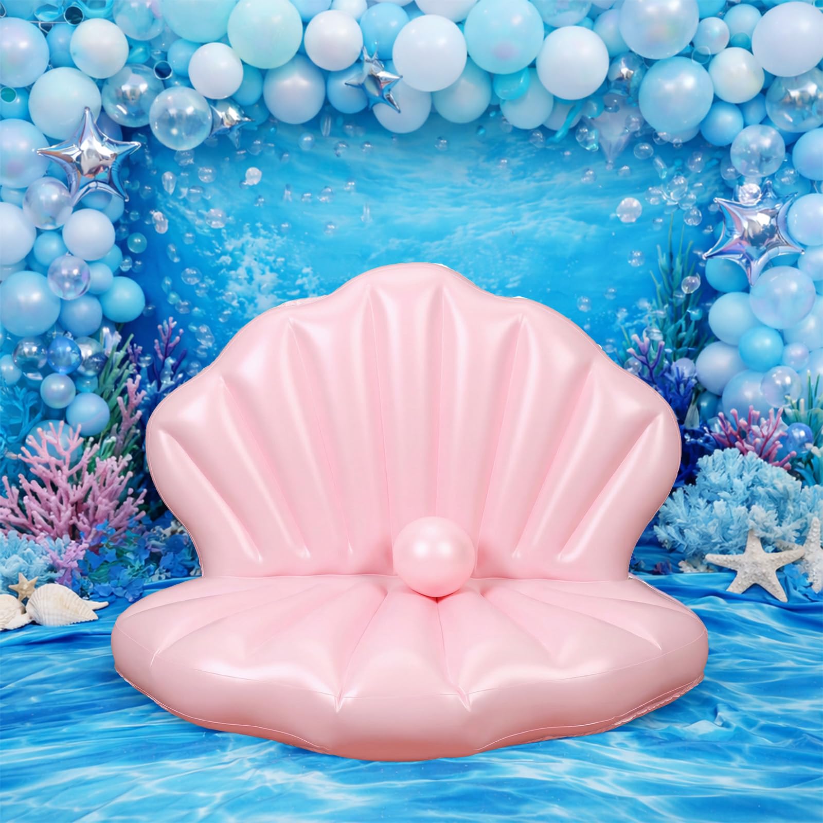 BOXOB Bouée Piscine Coquillage 144cm, Bouée Plage Géante Gonflable Renforcée en Forme Coquillage avec Boule Perle pour Bronzer Enterrement Vie Jeune Fille Décoration Fête Piscine (Rose)