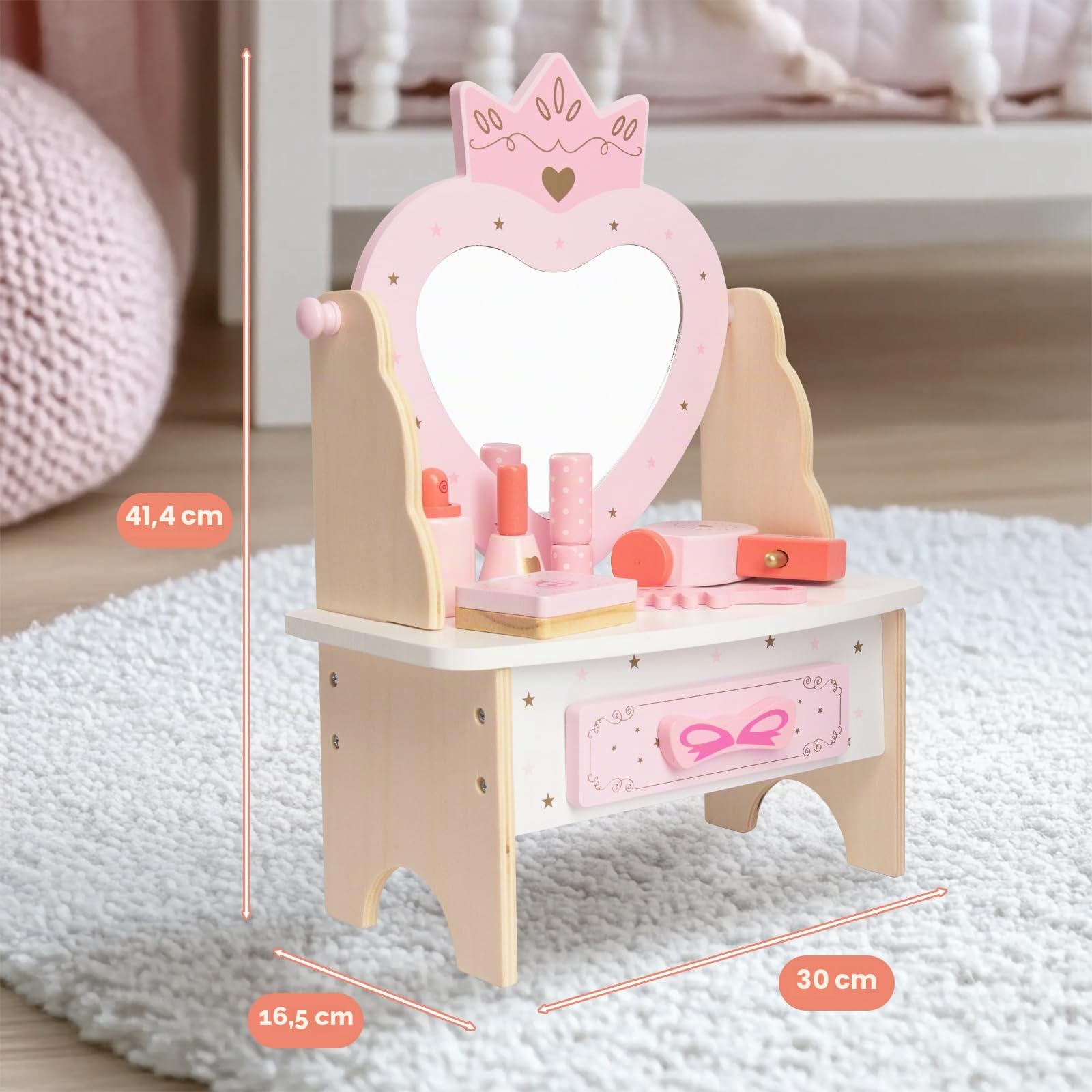 WOODENFUN Coiffeuse en bois pour fille avec 7 pièces, tiroir miroir acrylique rotatif à 360°, coiffeuse rose pour enfants
