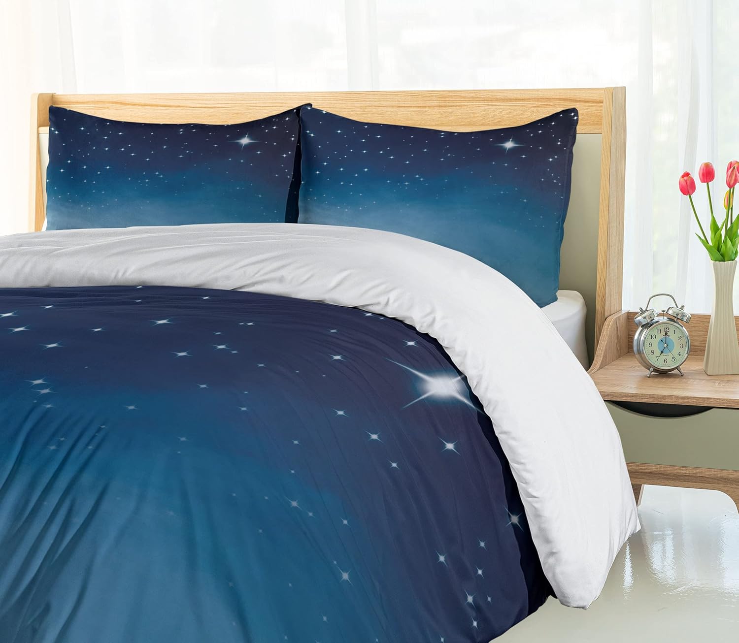 Ambesonne Night Duvet Cover Set, Ombre Inspired Sky Vibrant Stars Universe Astronomy Exploration, Decorative 3 Piece Bedding Set with 2 Pillow Shams, King Size, Pale Blue Dark Blue King Pale Blue Dark Blue