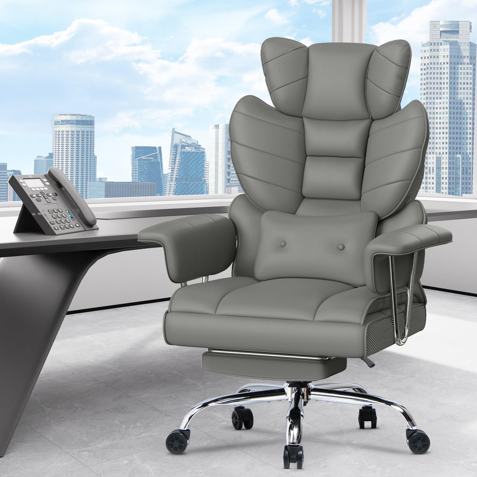 Racingreat Silla de Escritorio ergonómica con reposapiés Extensible,Silla de Oficina Ajustable en Altura,Respaldo Blando Grande,Apoyo Lumbar Individual,Silla de Oficina en Cuero de PU,Gris
