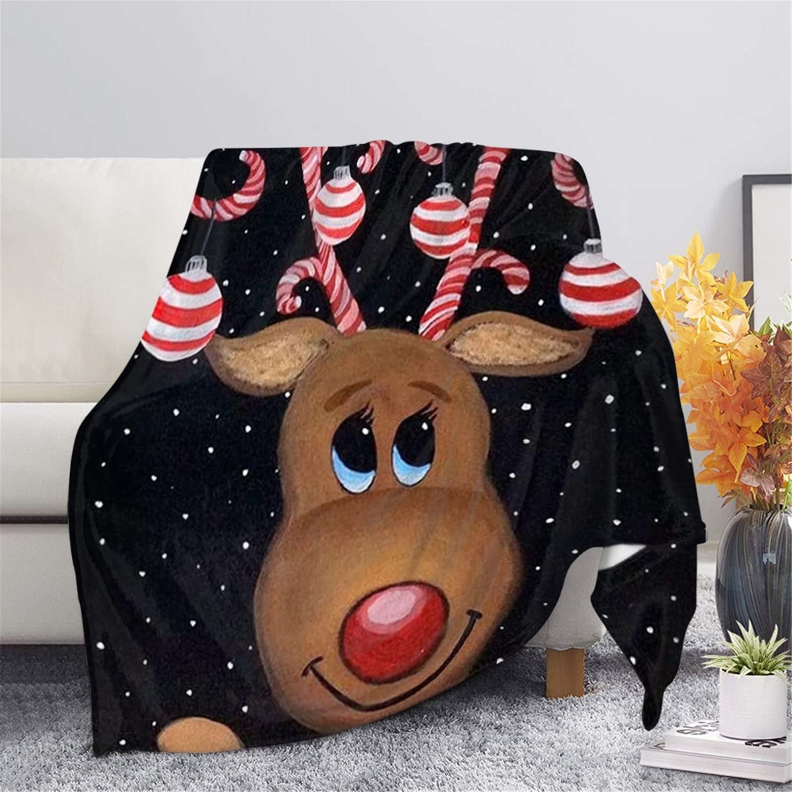 Binienty Christmas Cartoon Reindeer Print, Ultra Light Cozy Bedding Blanket for Kids Adults, Soft Fleece Blankets