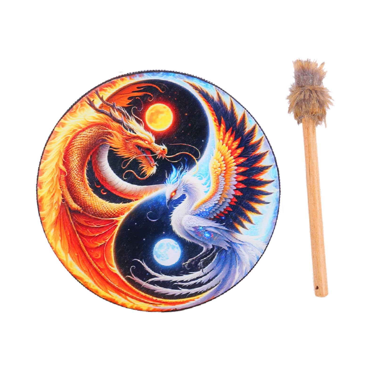 Baoblaze Shaman Drum Tambour Chamanique Rond Percussion Instrument Bois Bâton Objet Décoratif Adapté pour Célébration Rassemblement Cérémonie, Dragon et Phénix