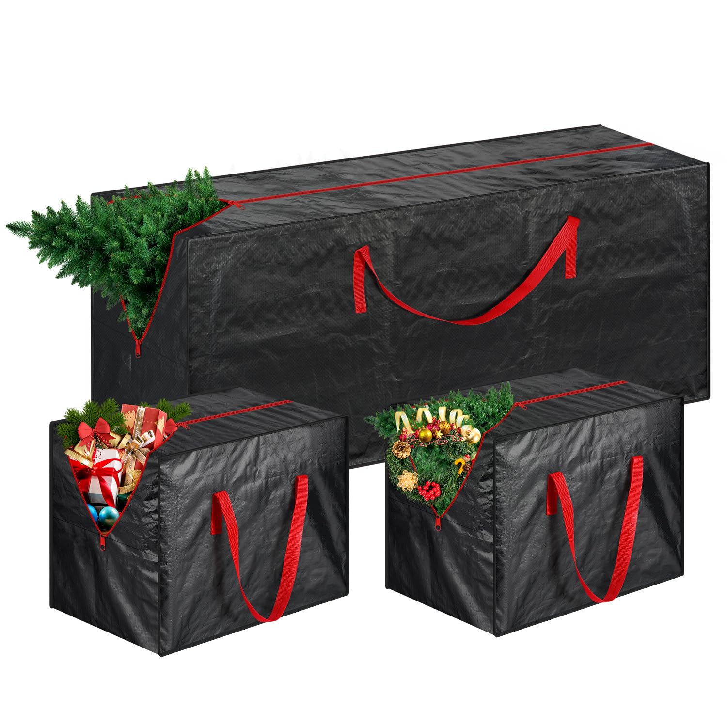 Vinsani Black Vinsani® 3Pcs Extra Large Christmas Tree Decoration Storage Bags Waterproof Durable Zip Bag Xmas Décor Ornaments Baubles Tinsels Lights Organiser With Handles Prevents Moisture & Dust (Black)