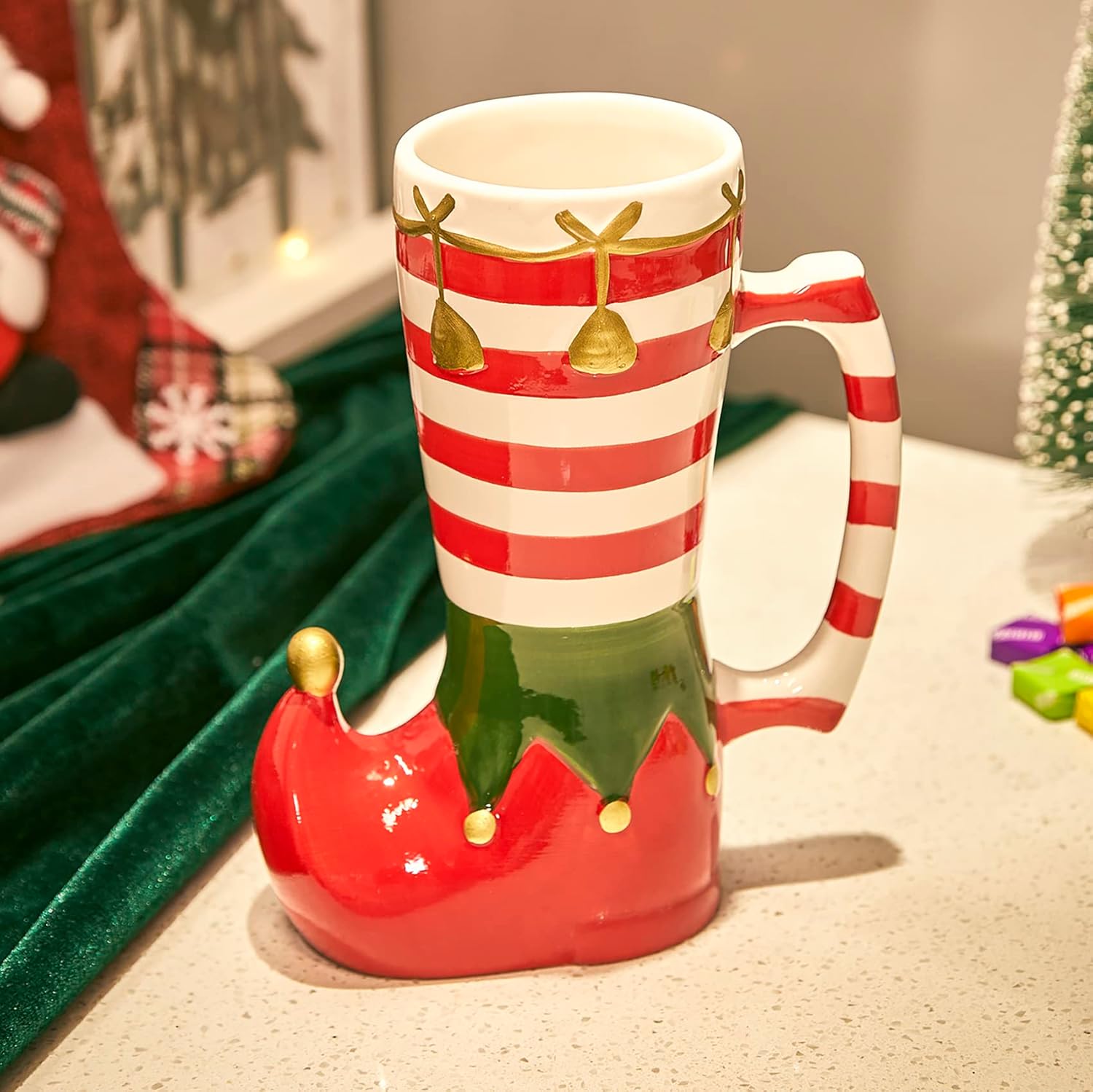 Elf Boot Party Mug Large Ceramic Mug for Coffee, Cocoa, Wine, Eggnog & More - Candy Cane Stocking Sock Gift - 7.8" High, 6" Wide, 17 oz Capacity, Kids & Adults - Image 2