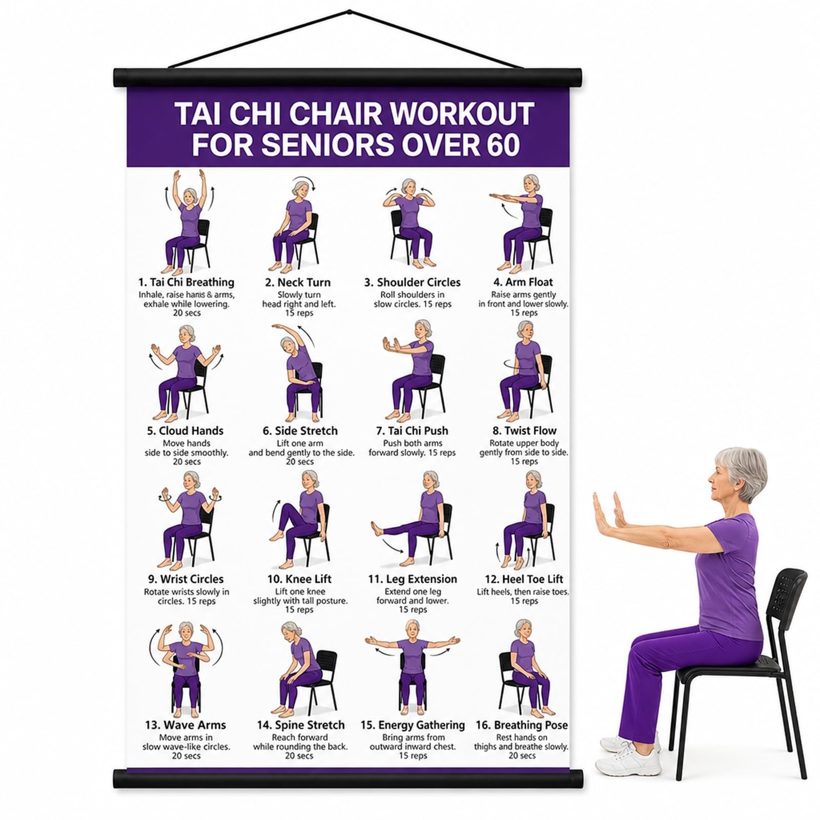 BLBATBK 40 * 60cm Tai Chi Chair Workout, Tai Chi Chair Workout Wall Chart, Seated Exercise Guide for Seniors, Making It Ideal for Home Living Rooms, Senior Centres, Or Rehabilitation Rooms