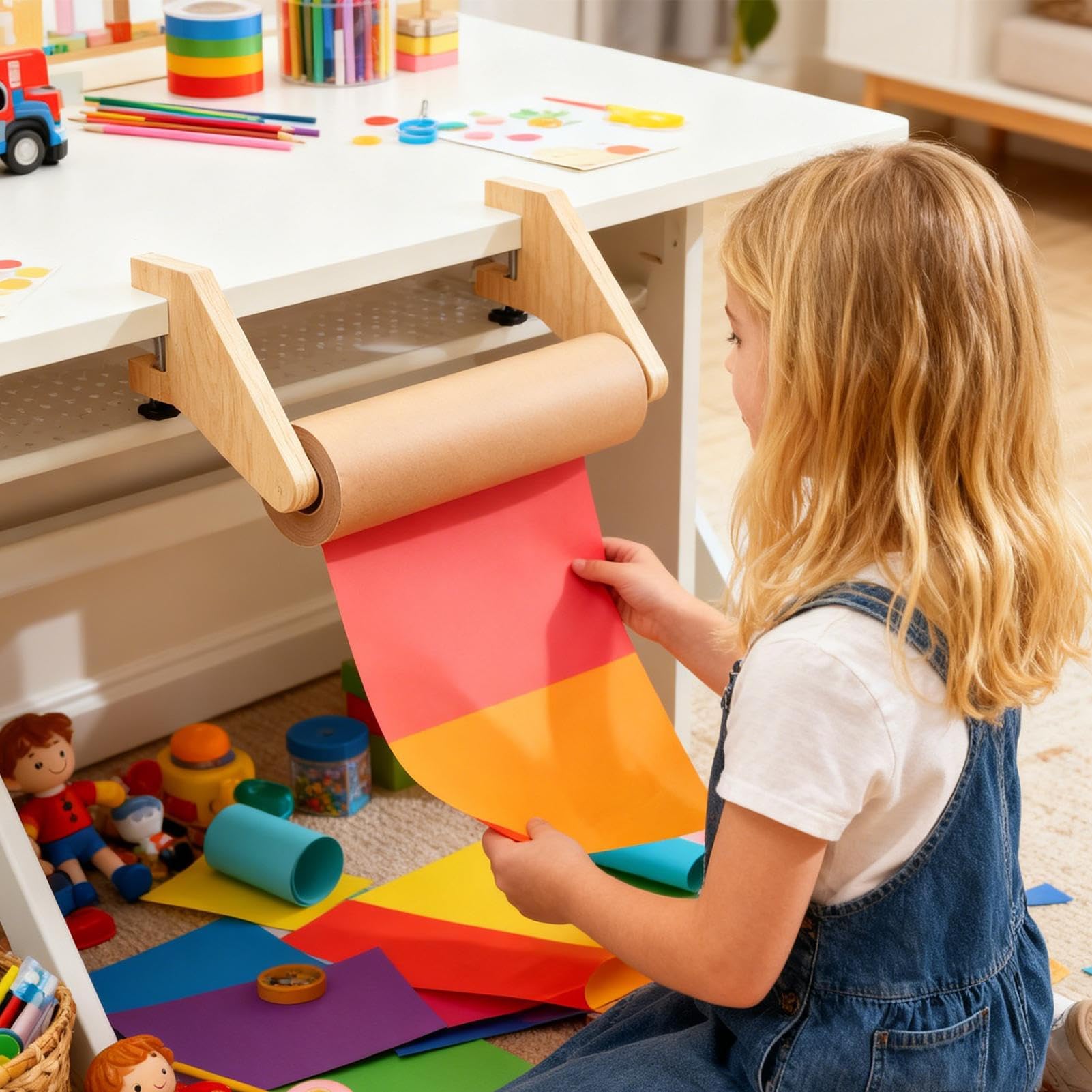 Drewniany uchwyt na rolkę papieru rzemieślniczego, regulowany dozownik dla dzieci i dorosłych, pasuje do stołów o grubości 2 - 4 cm, idealny do malowania, rękodzieła i materiałów do pokoju zabaw