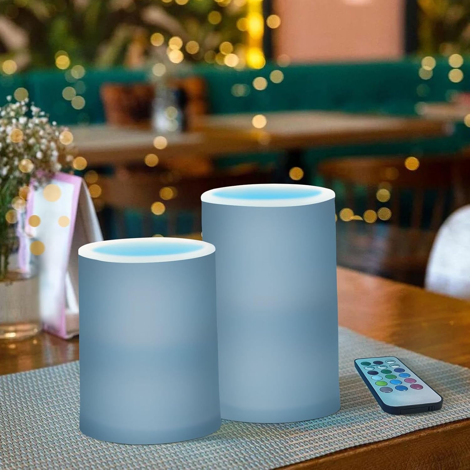 DOMIKING Dusty Blue Flameless Candles with Remote Control Electric Led Candles with Timer Battery Operated Flickering Tea Light Candles for Votive Centerpiece Home Decor 2 PCS