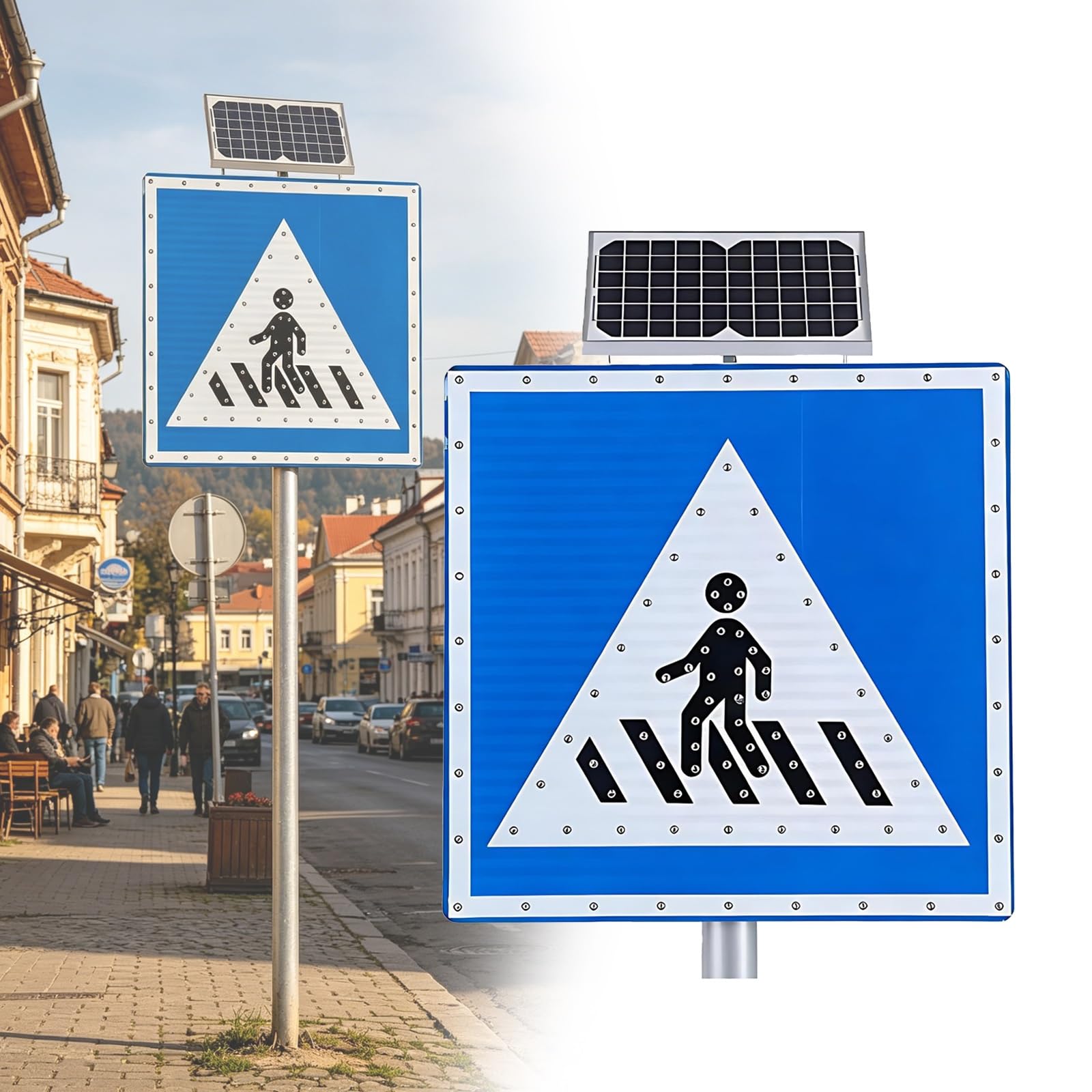 Señal Solar de Cruce Peatonal, Intermitente para Cruce Peatonal Señal de Paso Peatonal, Visible 500 m, Lámina Reflectante Industrial, para Obras Viales y Vías Periféricas(24")