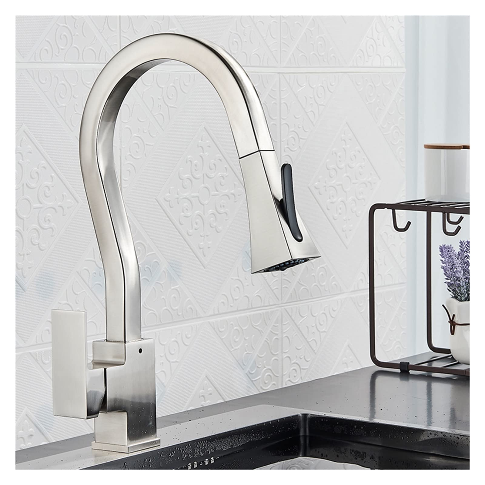 Fregadero de cocina extraíble cuadrado con grifo mezclador curvo y rotación 360
