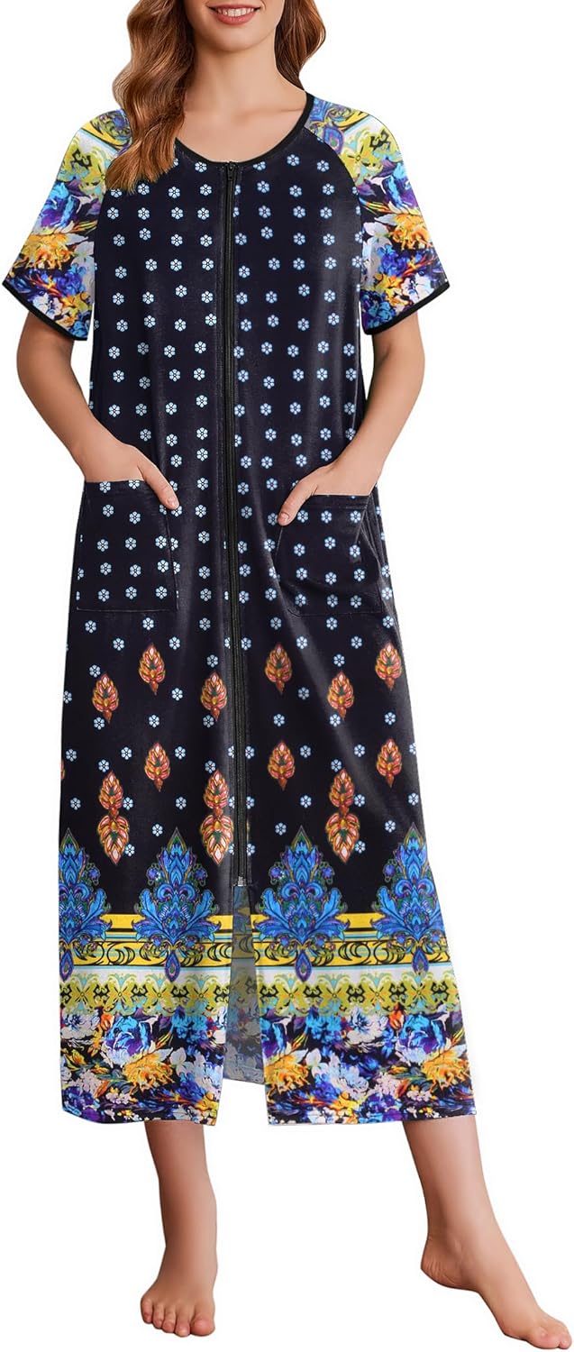 Ekouaer Women Long House Coat Zipper Front Robes Full Length Nightgowns with Pockets Striped Loungewear S-4XL