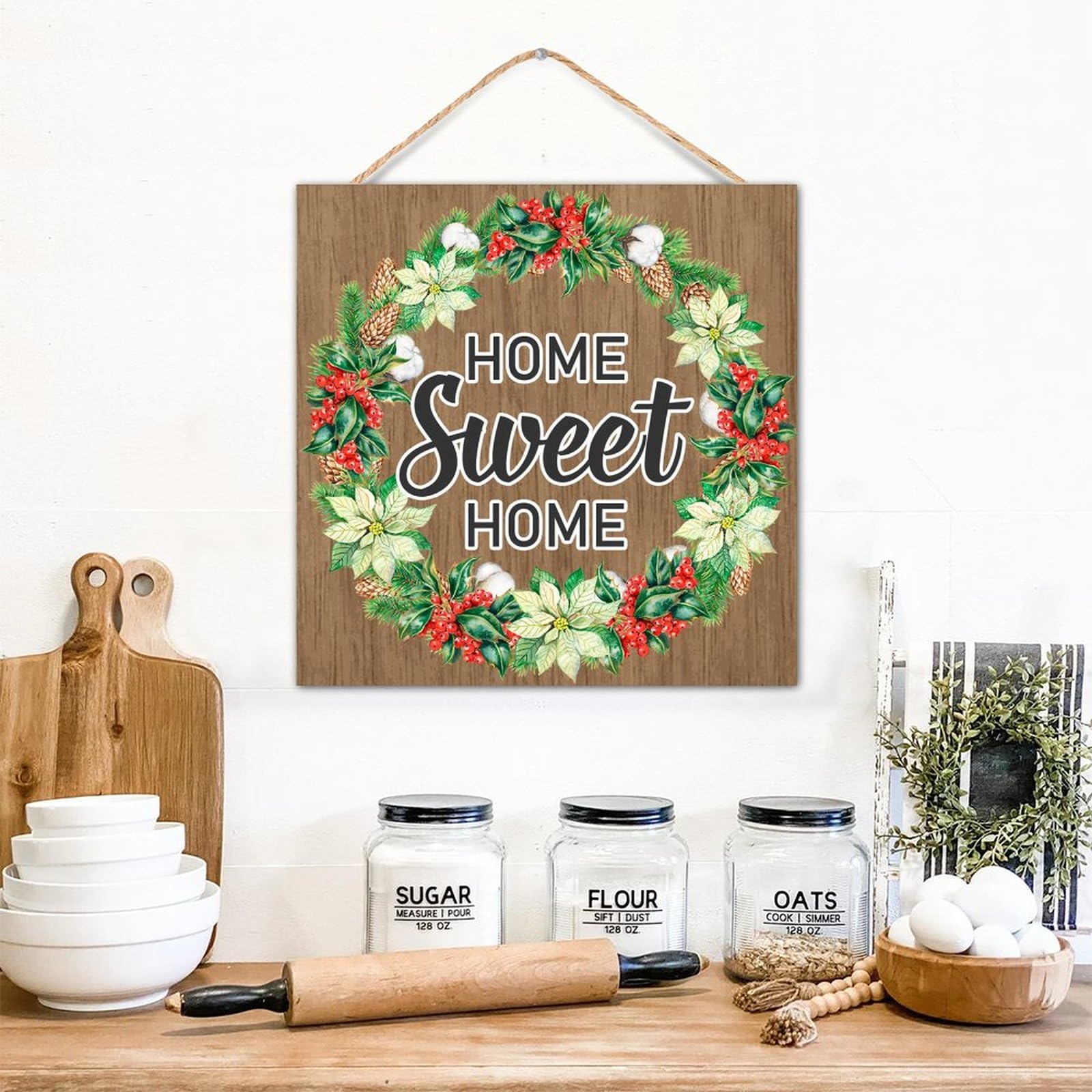 WSDESDEC Home Sweet Home Cartello in legno Decorazione da tavolo Ghirlanda artistica foglie verdi segni carini cartelli in legno per mensola tavolo mensola mensola 30,5 x 30,5 cm