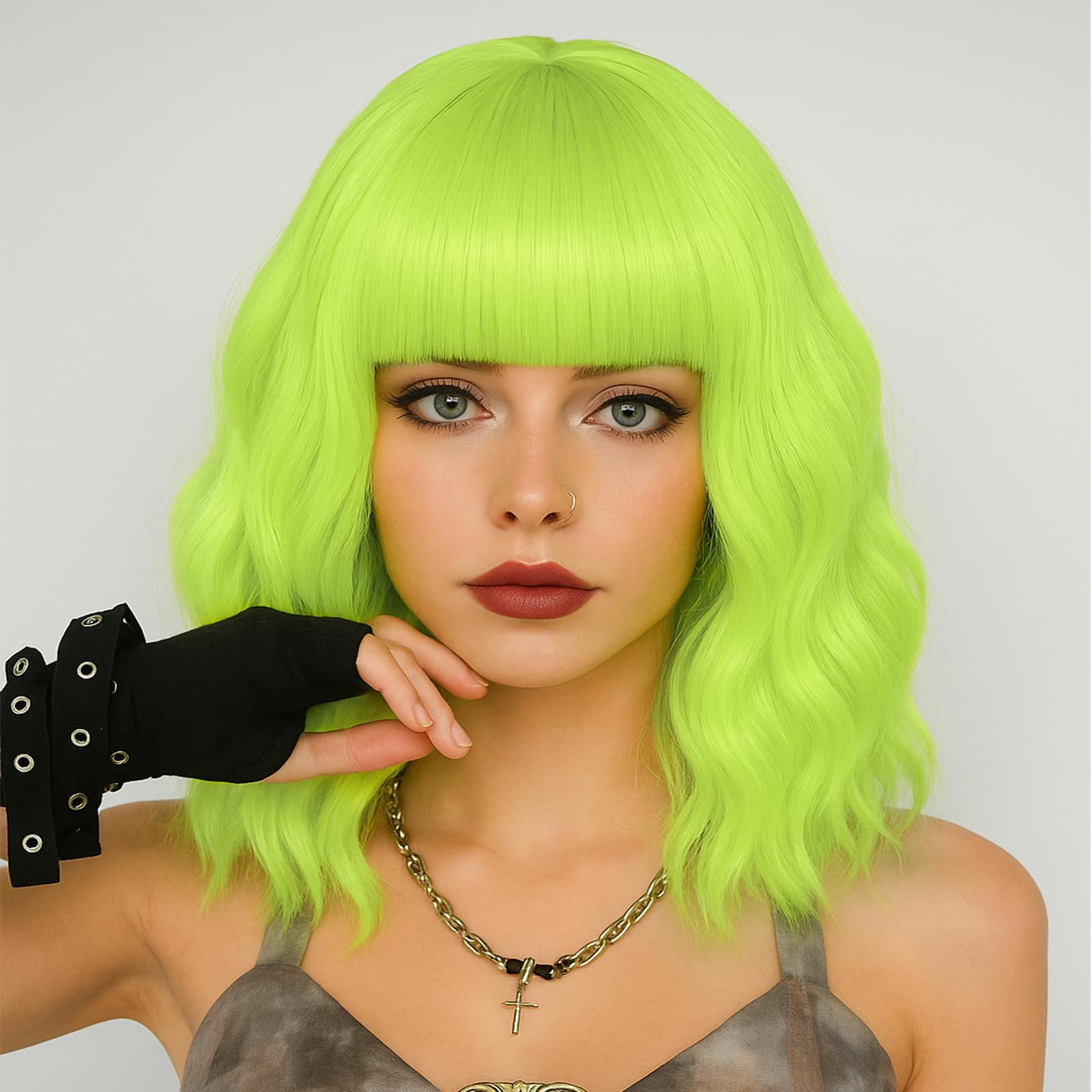 Women Green Heat Resistant Synthetic Bob Party Neon Wig Bangs 12 Inch Neon Green Bob Wig With Bangs: Heat-resistant Synthetic Hair  main image 3