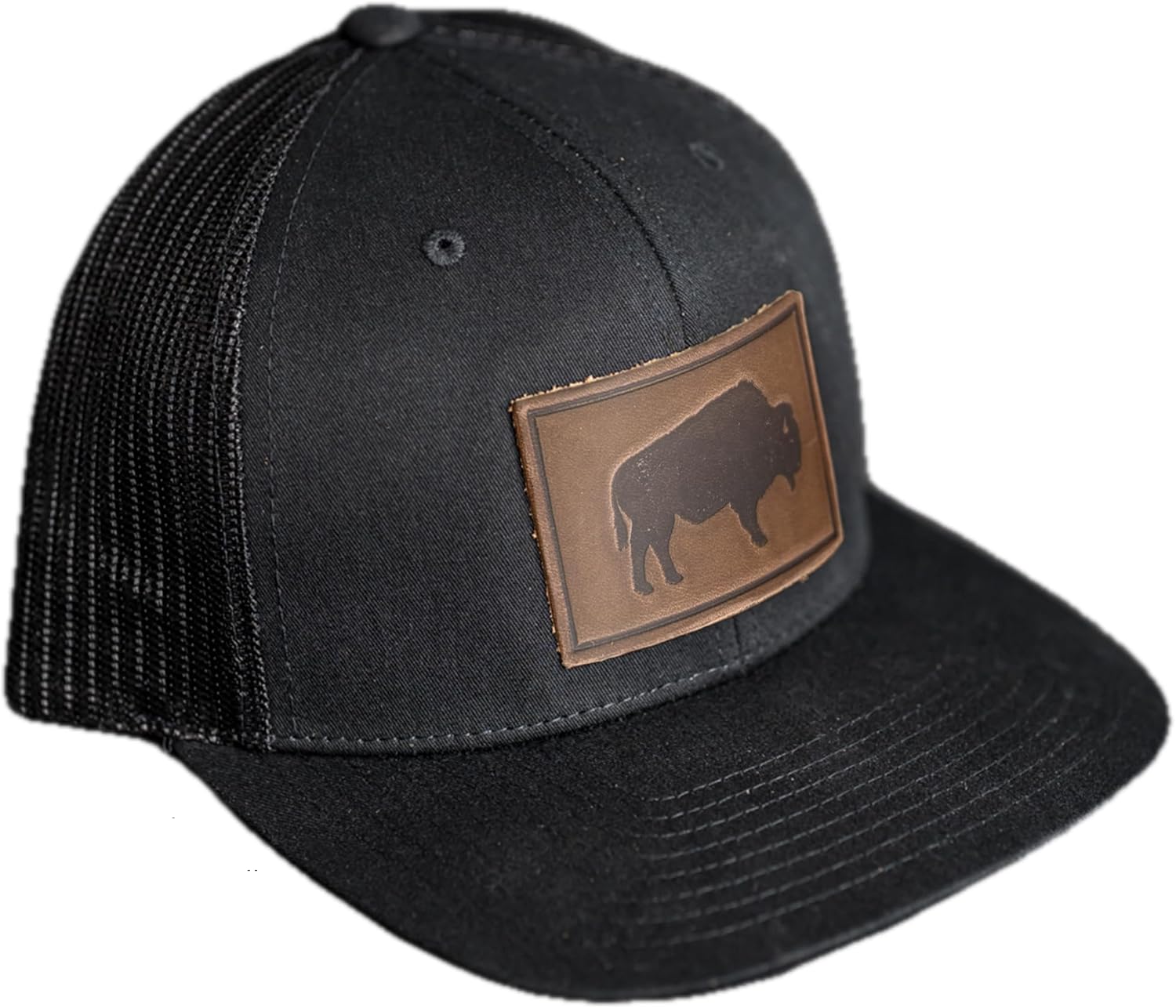 Ox & Pine Bison Stamp Leather Patch Trucker Hat Adjustable Snapback, Structured Mid-Profile Design