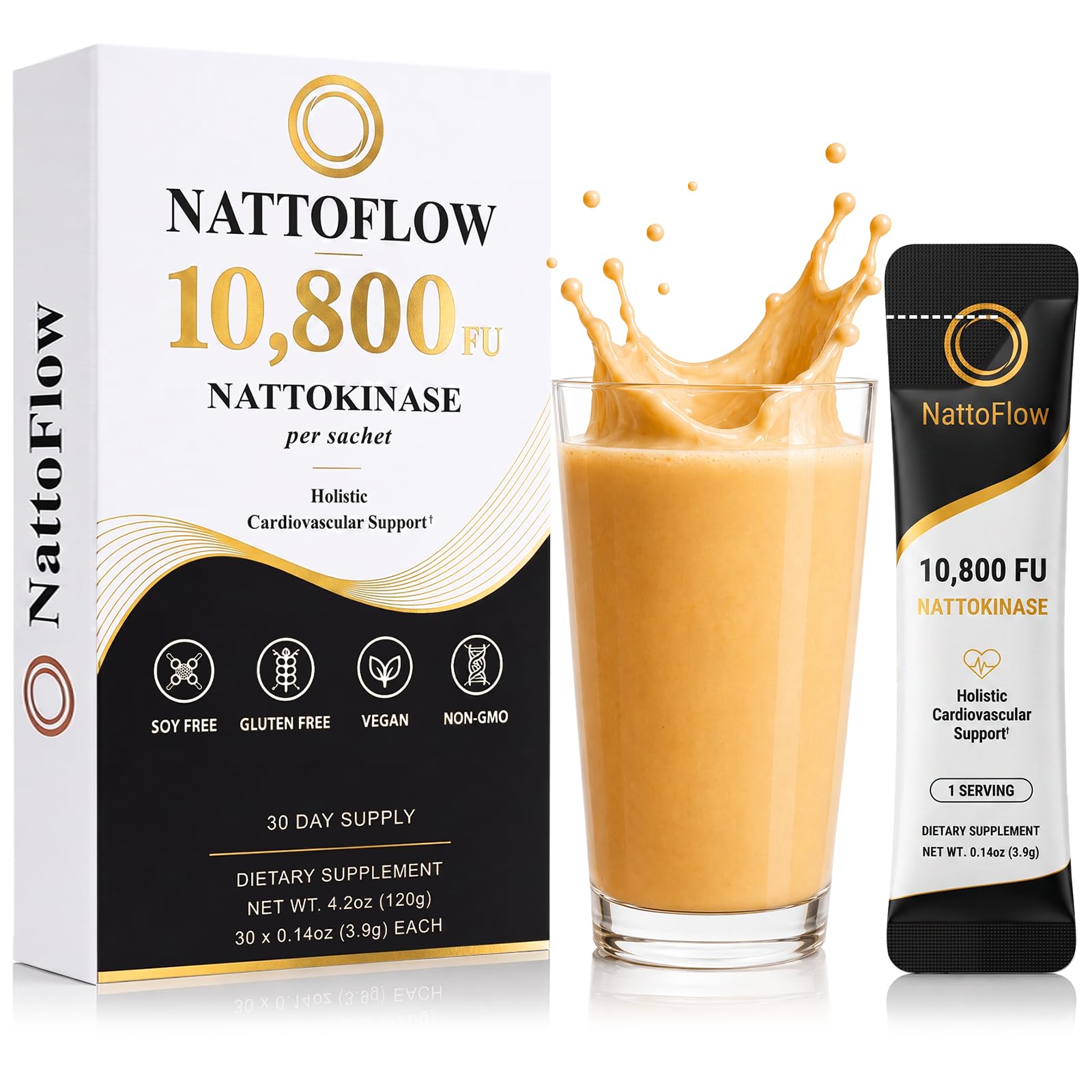 Nattokinase 10,800 FU Supplement - Daily Circulation Support Powder with Vitamin K2 MK7, Beta Glucan Fiber & Turmeric, Japanese Plant-Based Drink Mix, Soy-Free, 30 Single-Serve Sachets 0.14 Ounce (Pack of 30)