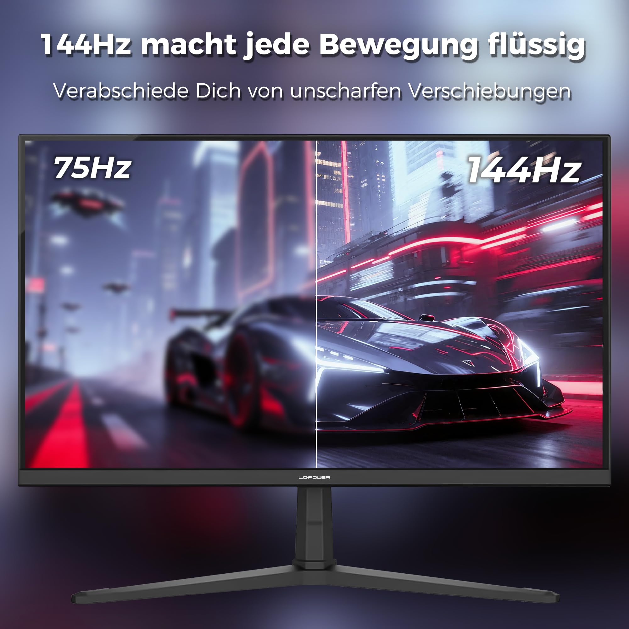 LC-POWER 24 Zoll FHD Gaming Monitor, 1920 x 1080 Rapid IPS Panel, 144Hz, 1ms MPRT, HDMI 2.0/DP 1.4, Frameless Design, VESA 100x100mm
