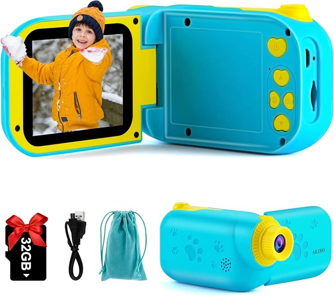 AILEHO Kids Camera with 1080P video, IPS screen, and 32GB card for children