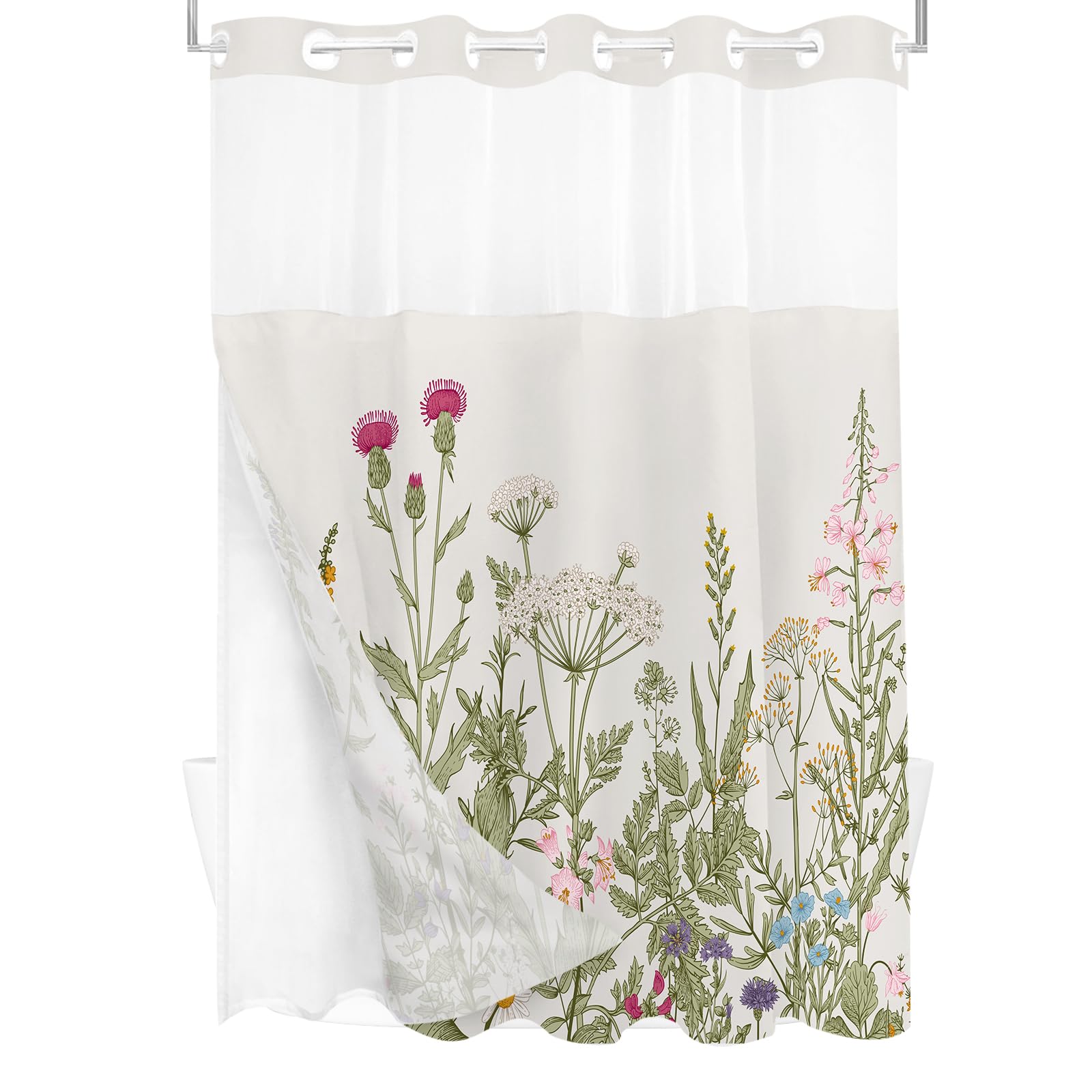 Tititex Duschvorhang Im Vintage-Look – Mit Grünen Blättern & Rosa Blumen, Wasserdicht, 183 X 183 Cm