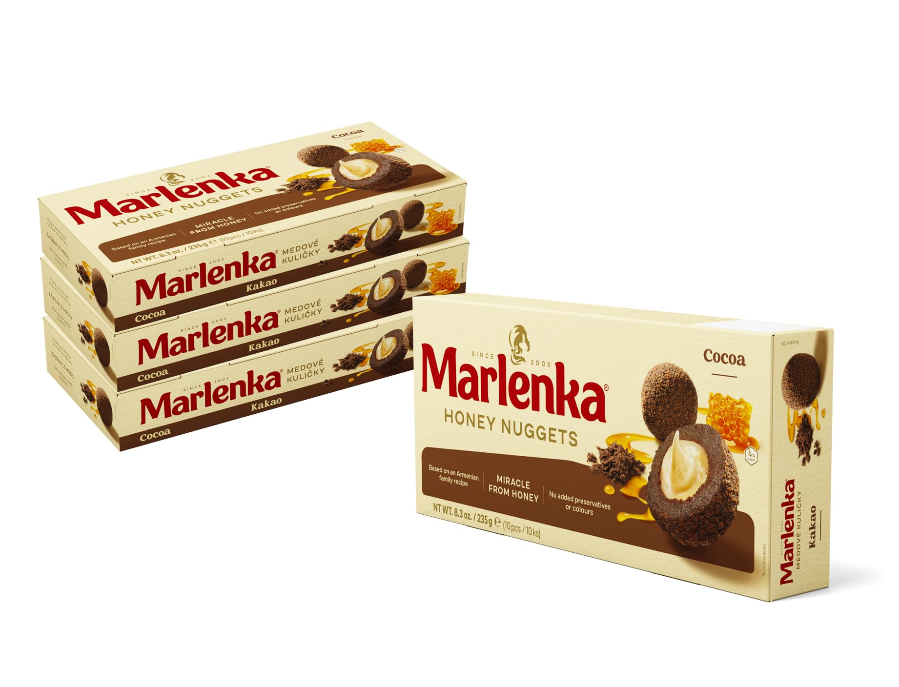 MARLENKA® 4-pack al prezzo di 3 – Palline di miele al cacao (4 x 235 g) | Tradizionale dessert ceco | Delizioso snack al miele | Specialità per occasioni speciali