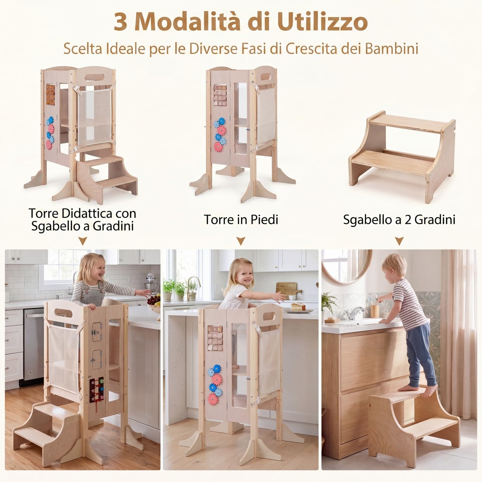 COSTWAY Torre Montessoriana Bambini, Torre di Apprendimento Pieghevole 3 in 1 con Altezza Regolabile, Lavagna Rimovibile e Pannello Educativo per Bambini 3+ Anni, 83,5 x 73 x 93 cm