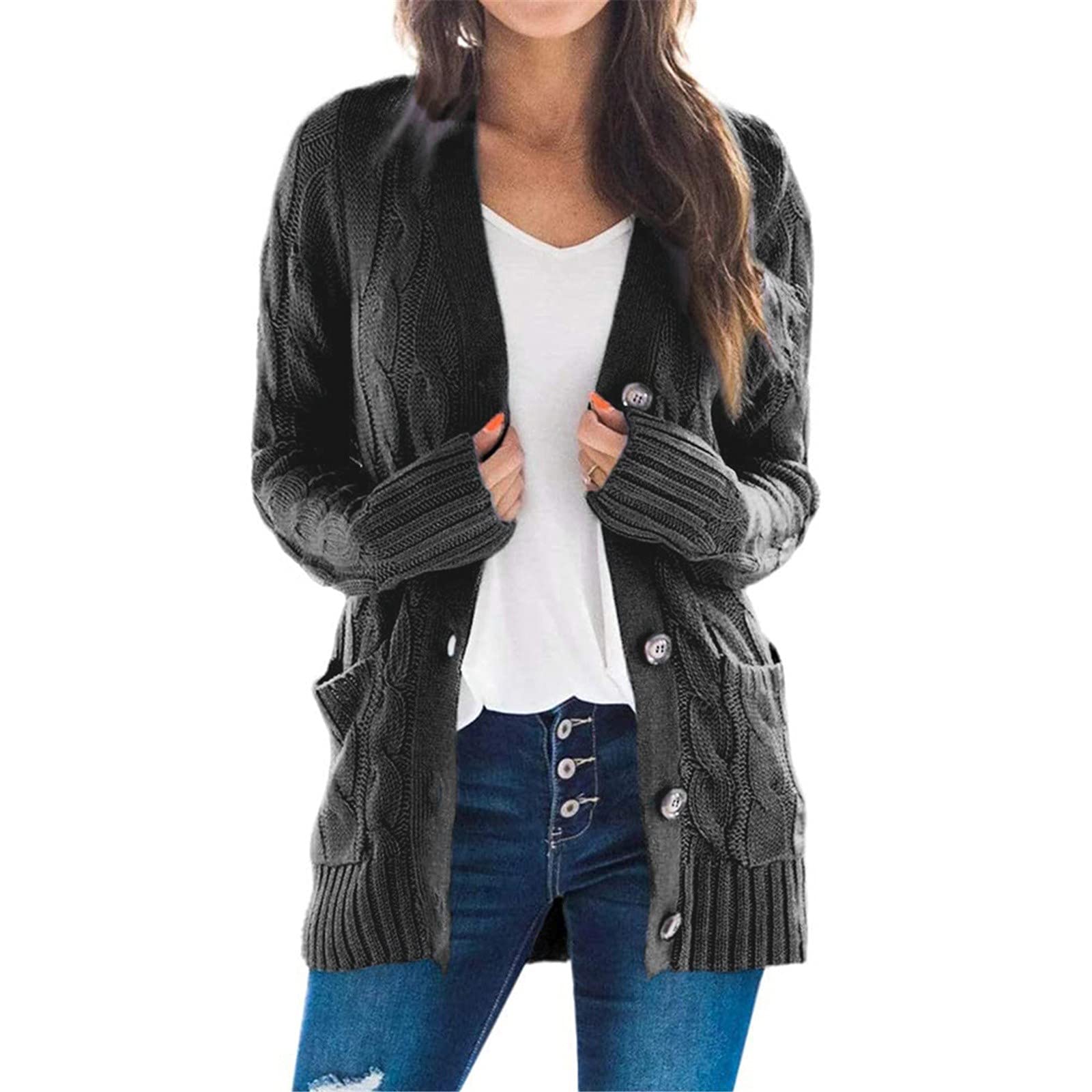 Cardigan Sweaters for Women Fall Long Sleeve Cable Knit Sweater Open Front Cardigans Button Loose Outwear Windbreaker