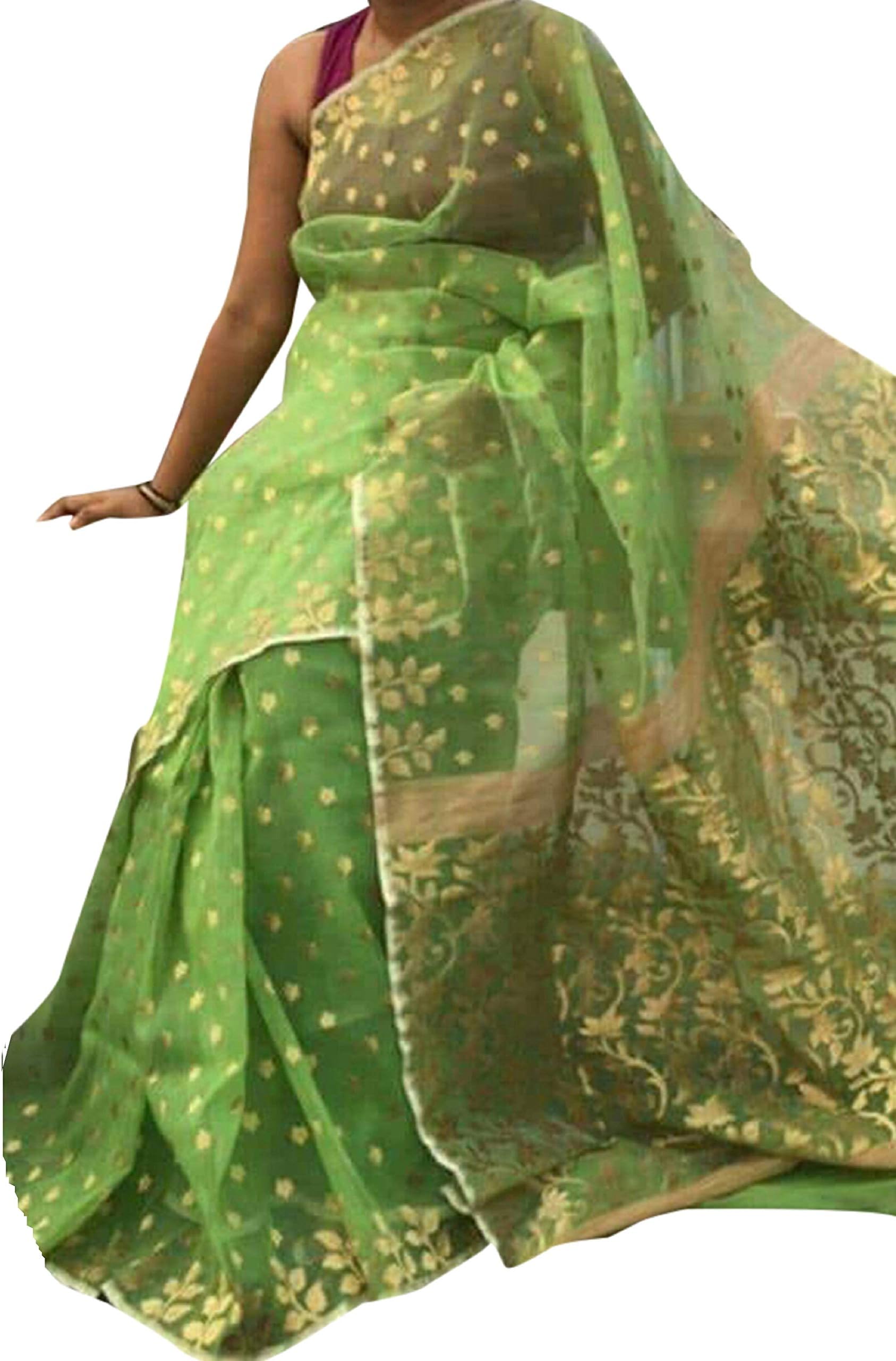 WORLD WOMEN EMPORIUMGreen Behula Dhakai Jamdani Saree Soft Finish Women Formal Sari from West Bengal Hand Weaving 603