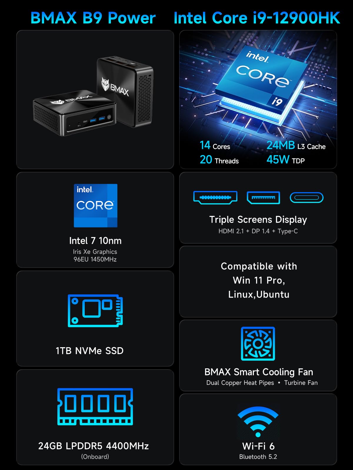 Amazon.com: Bmax Mini PC B9 Power, Intel Core i9-12900HK 24GB