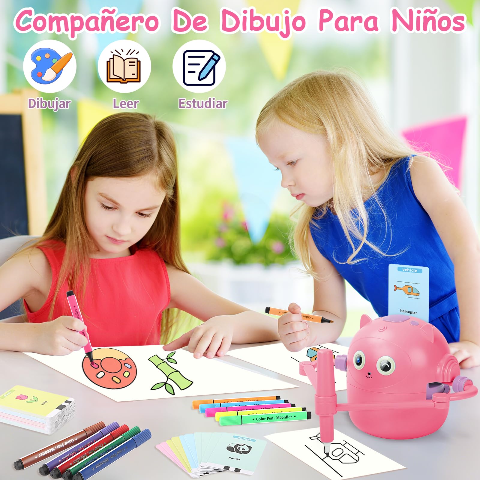 Charmofun Robot de Dibujo para Niños, Drawing Robot con 100 Tarjetas, Robots Inteligente Juguete Recargable, Juguete Educativo Interactivo con Voz para Niños y Niñas a Partir de 3 Años (Rosa)