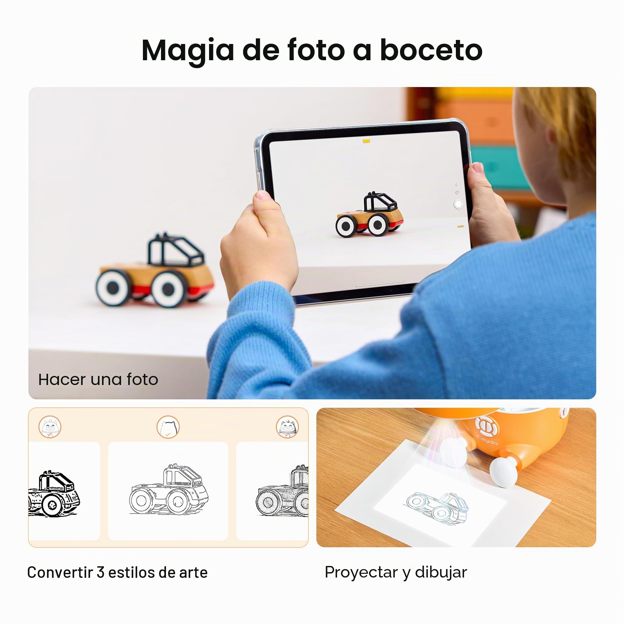 Caydo T3 Proyector de Dibujo con IA para Niños - Protección Ocular Certificada SGS, 3 en 1: Trazado Básico, Dibujo Paso a Paso y Estudio Creativo IA - Regalo de Cumpleaños para Niños de 5 a 12 Años