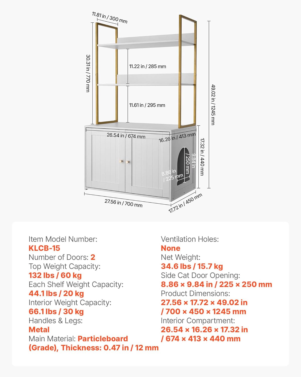 VEVOR Cat Litter Box Enclosure Furniture, 27.6 in Hidden Litter Box Cabinet with Metal Legs & 2-Tier Storage Shelves, Waterproof Washroom Cat House, Fit Most of Litterbox, for Living Room