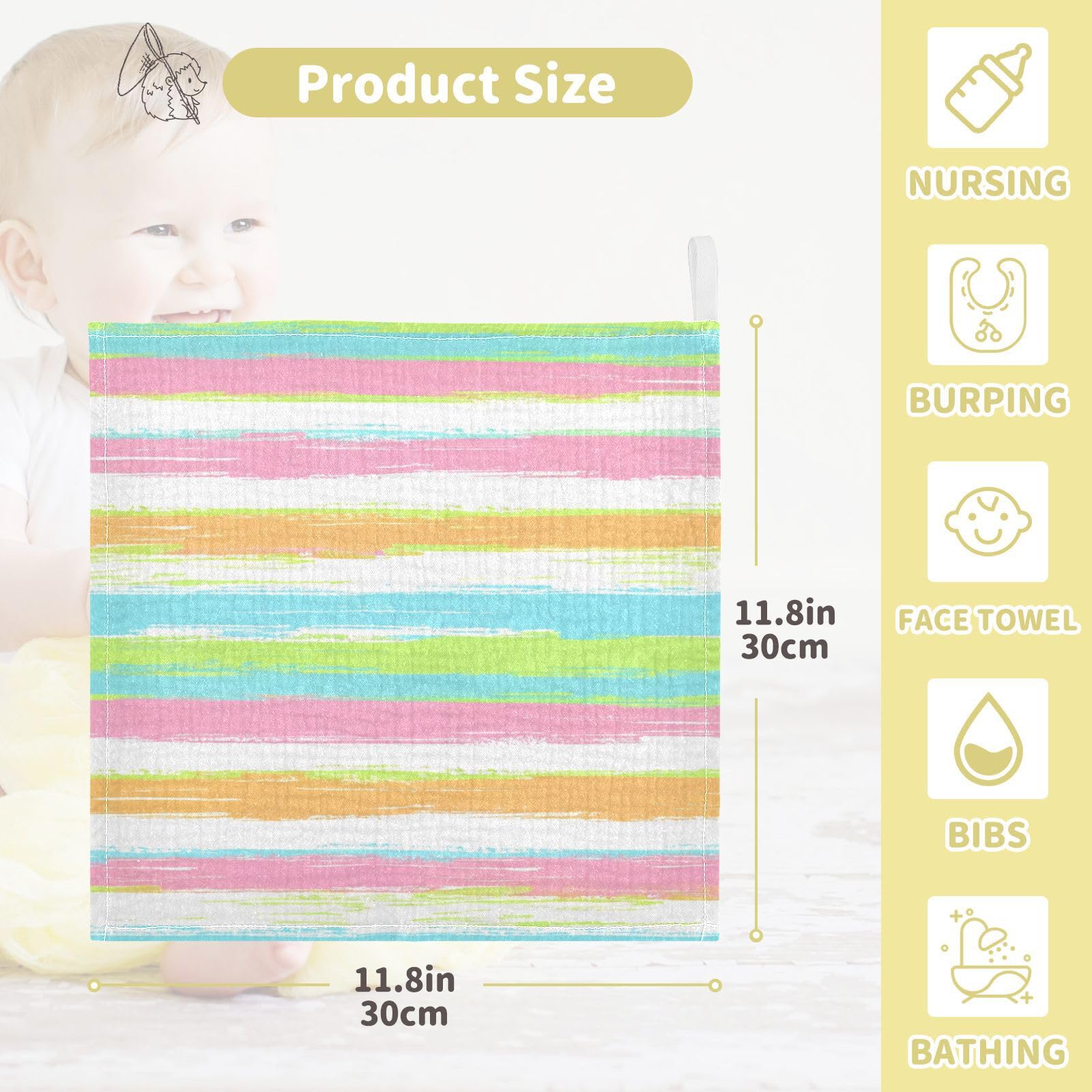 Kigai Colorful Stripes Baby Washcloths,3pcs Ultra Soft Absorbent Towel,Newborn Bath Face Towel, Natural Reusable Baby Wipes for Sensitive Skin, Baby Registry as Shower