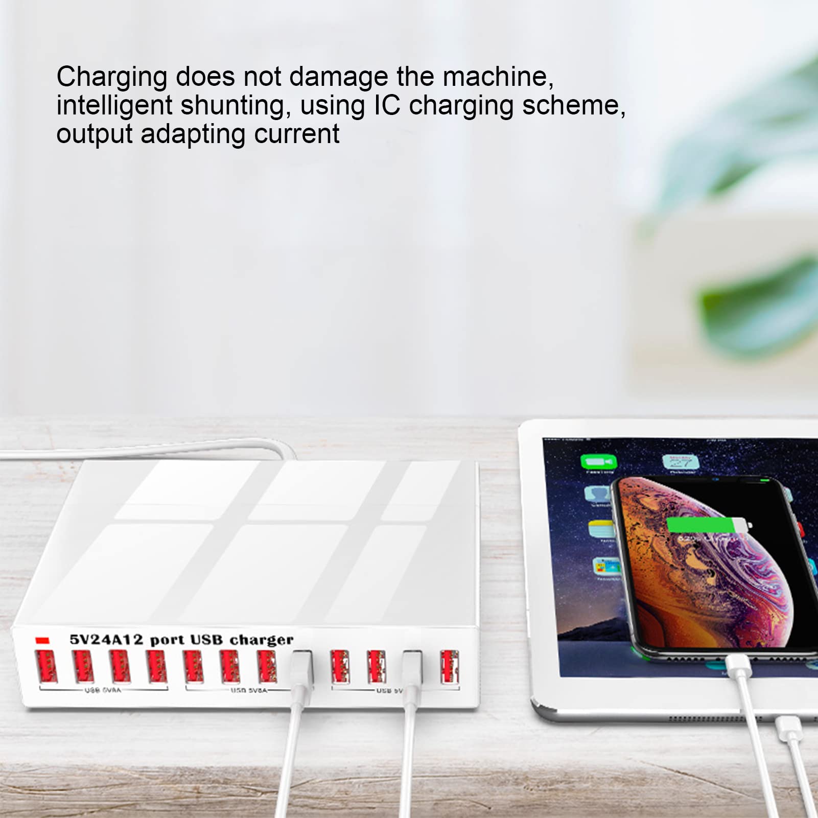 Estación de Carga USB, Concentrador de Cargador USB de 12 Puertos con Luz Indicadora LED Y Carga Rápida, Reconocimiento Automático de Soporte de Enchufe de 120 W, para Computadora(Enchufe de la UE)