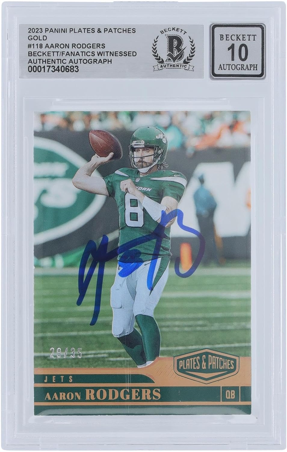 Aaron Rodgers New York Jets Autographed 2023 Panini Plates & Patches #118#/35 Beckett Fanatics Witnessed Authenticated 10 Card - NFL Autographed Football Cards