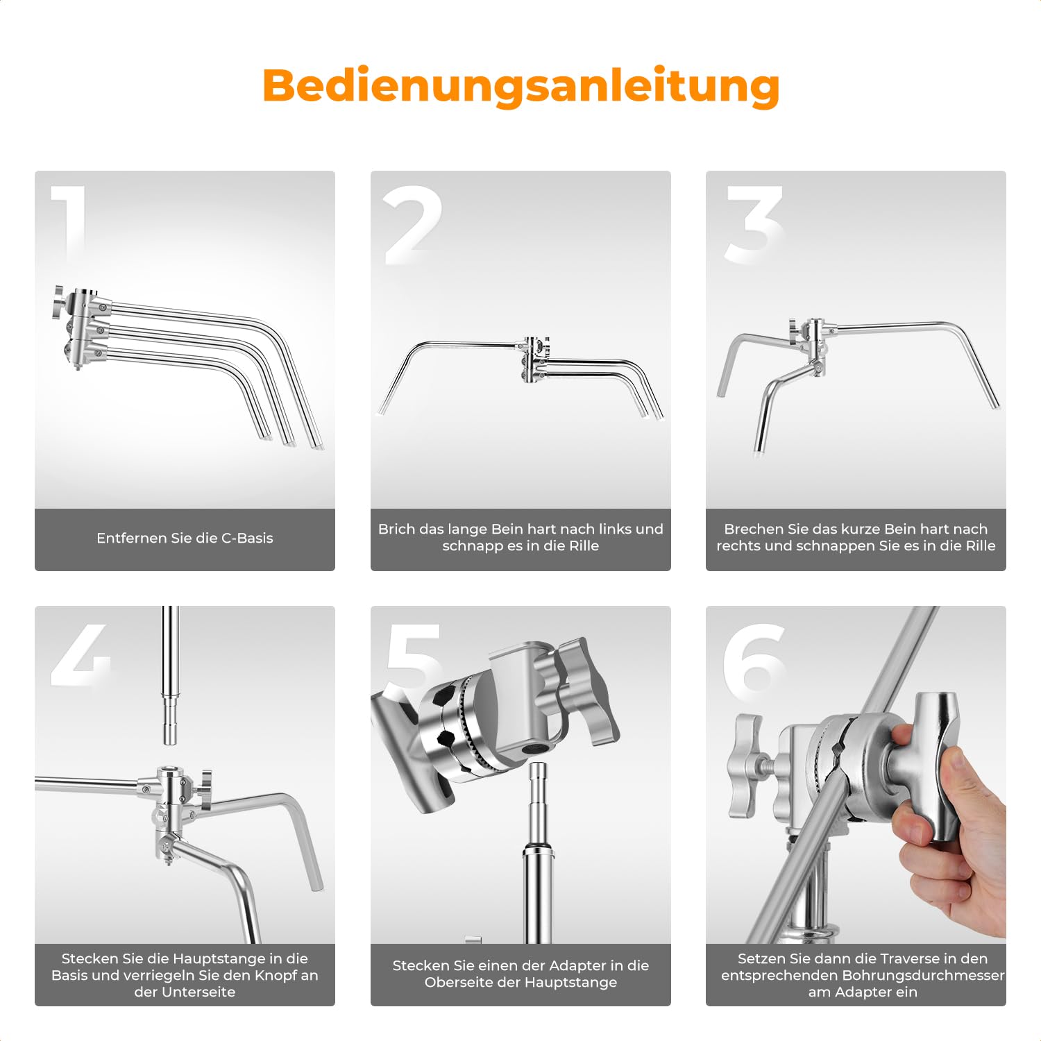 K&F CONCEPT 330CM Wirklich Edelstahl C Ständer Pufferfeder mit Boom Arm | Last 20KG Fotografie Lichtstativ mit 126cm Holding Arm, 2 Griffköpfe für Studio Monolicht, Softbox