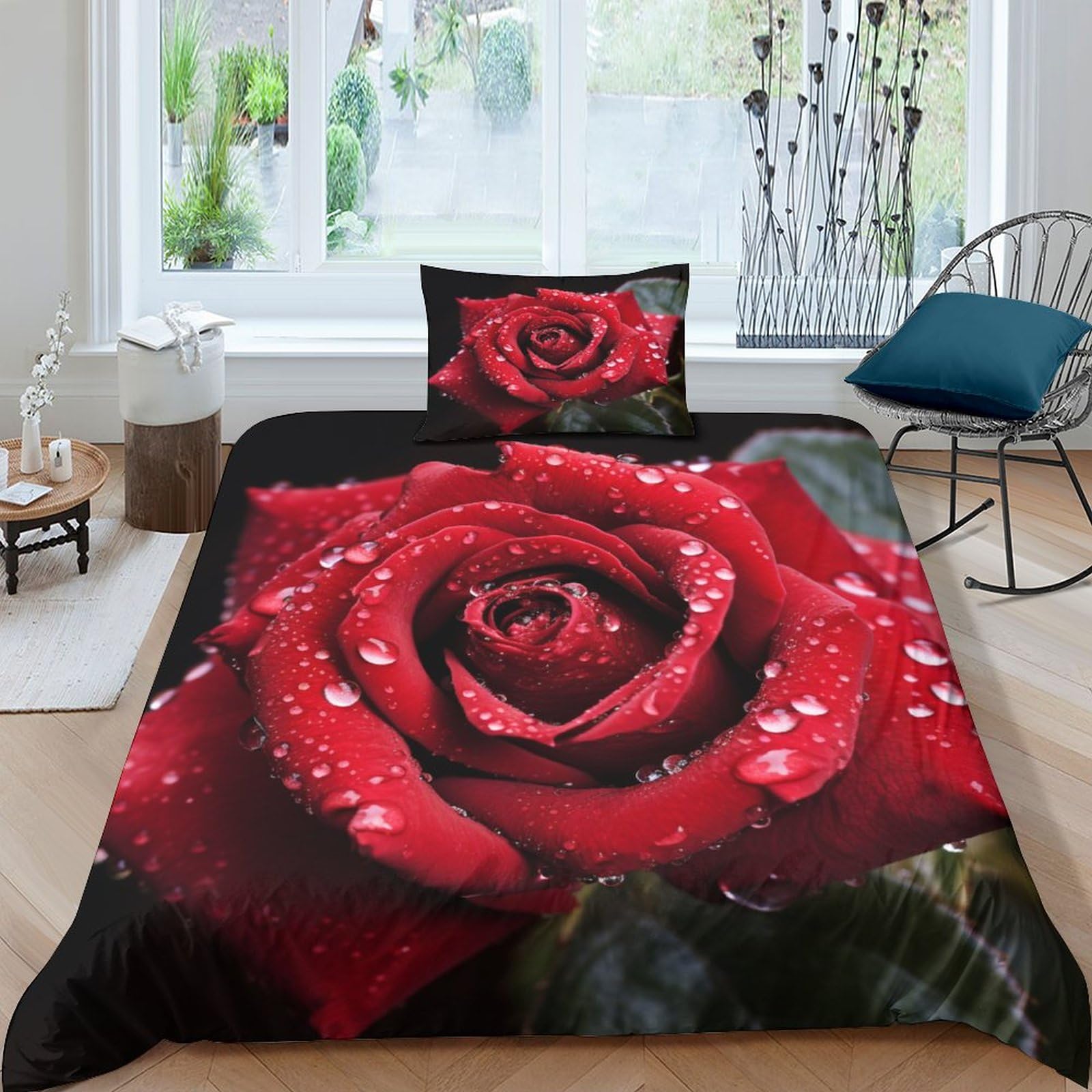 Housses de couettes microfibre style coton IOFEER parure de lit rouge fini soft touch