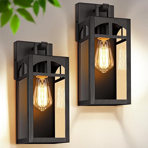 Faroles de pared para exteriores, impermeables, para exteriores, color negro mate, apliques de iluminación de pared con pantalla de vidrio