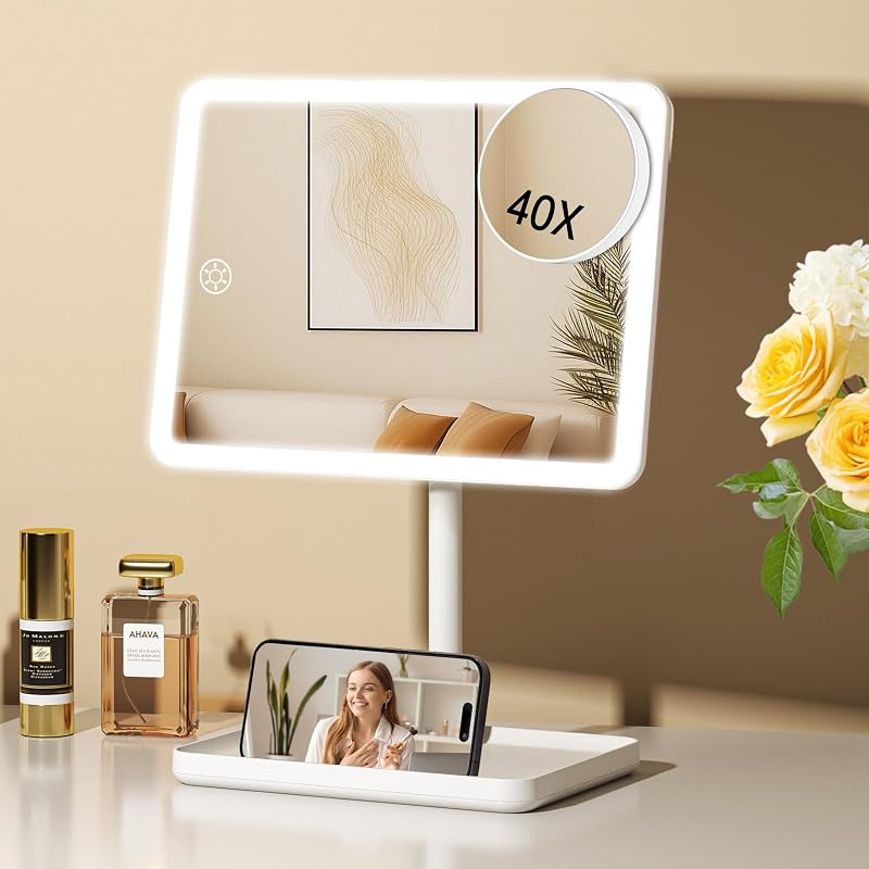 4000mAh Rechargeable Vanity Mirror with Lights 40X Magnifier,White | 3-Color Lighting Makeup Mirror with Lights & 84 LED,360°Rotation Touch Dimmable Lighted Makeup Mirror for Bedroom Tabletop