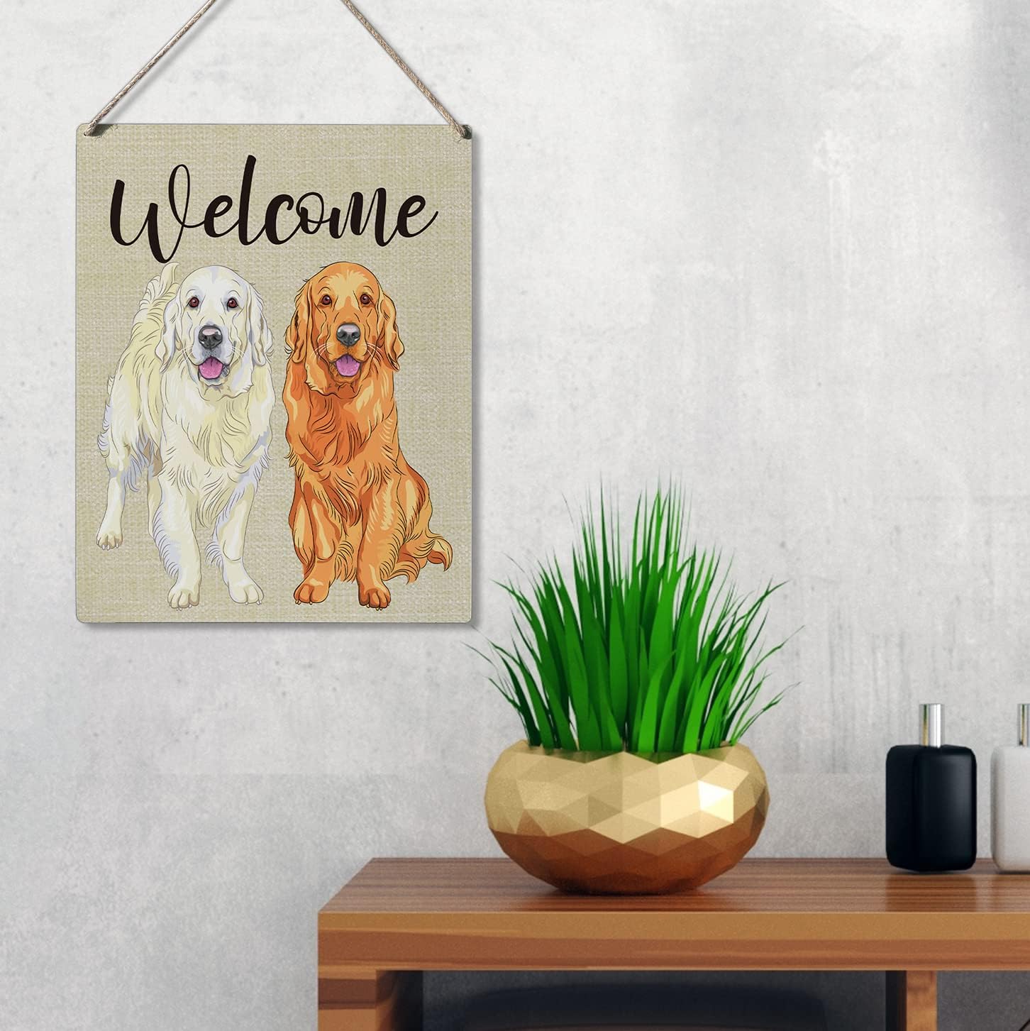 Welcome Sign Gift Farmhouse Welcome Golden Retriever Wooden Hanging Sign Plaque Modern Wall Art Decor for Home Decoration 10 x 8 Inches : Home & Kitchen