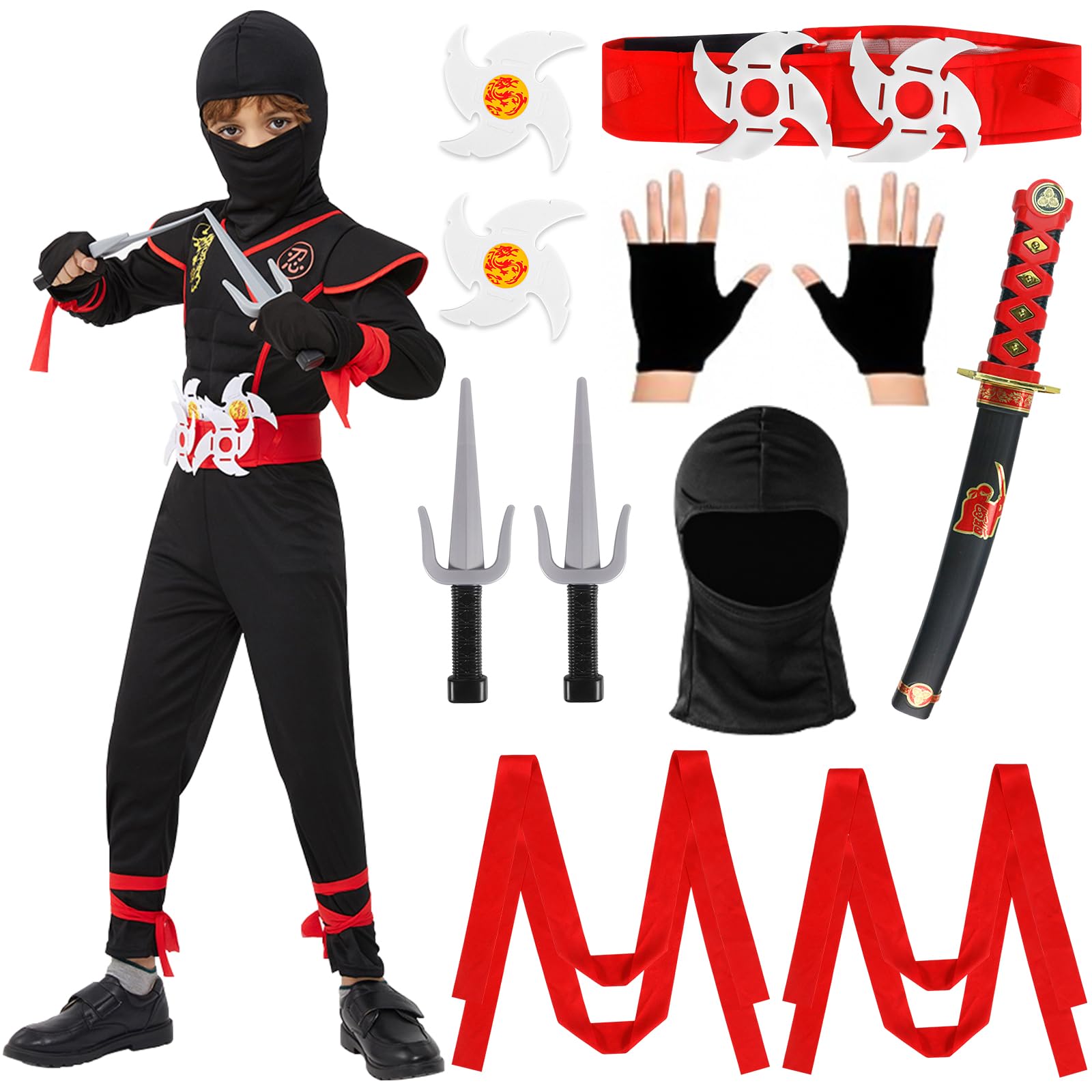 Conjunto de Ropa Ninja para Niños, Disfraz de ninja para niños, niños, juego de cosplay de ninja con guantes, dardos, bayoneta, para juegos de rol, Halloween, fiesta de Navidad, carnaval, L