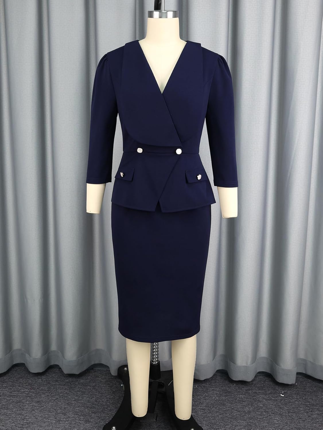 ONTINVA Womens Bodycon Work Dress Long Sleeve Church Teacher Business Office Lapel V-Neck Sheath Dresses Button Decorate
