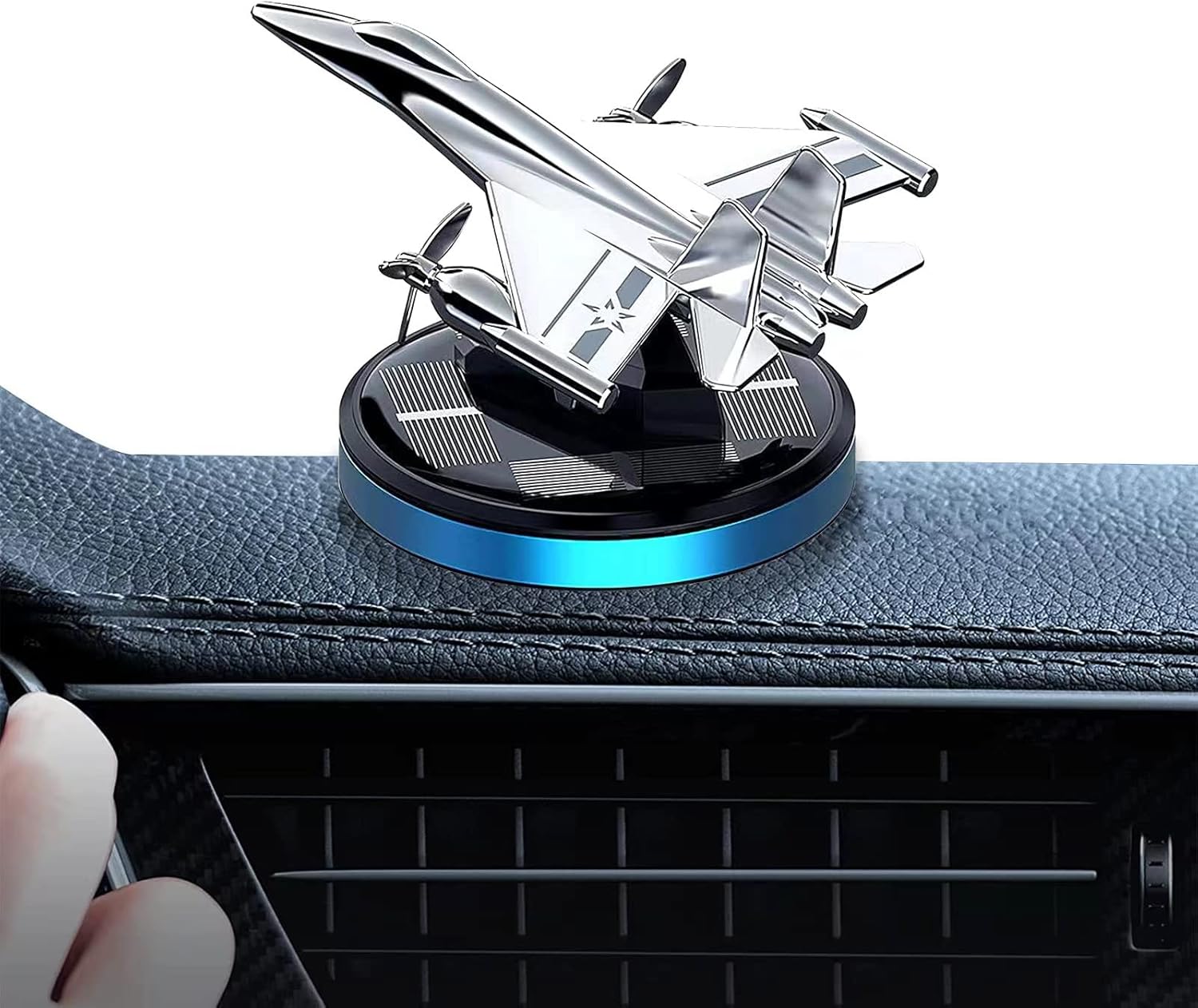 Military-Grade Fighter Car Air Freshener, Alloy Solar Rotating Car Essential Oil Diffuser with Natural Plant Essential Oil, Aromatherapy Decoration (Blue Base)