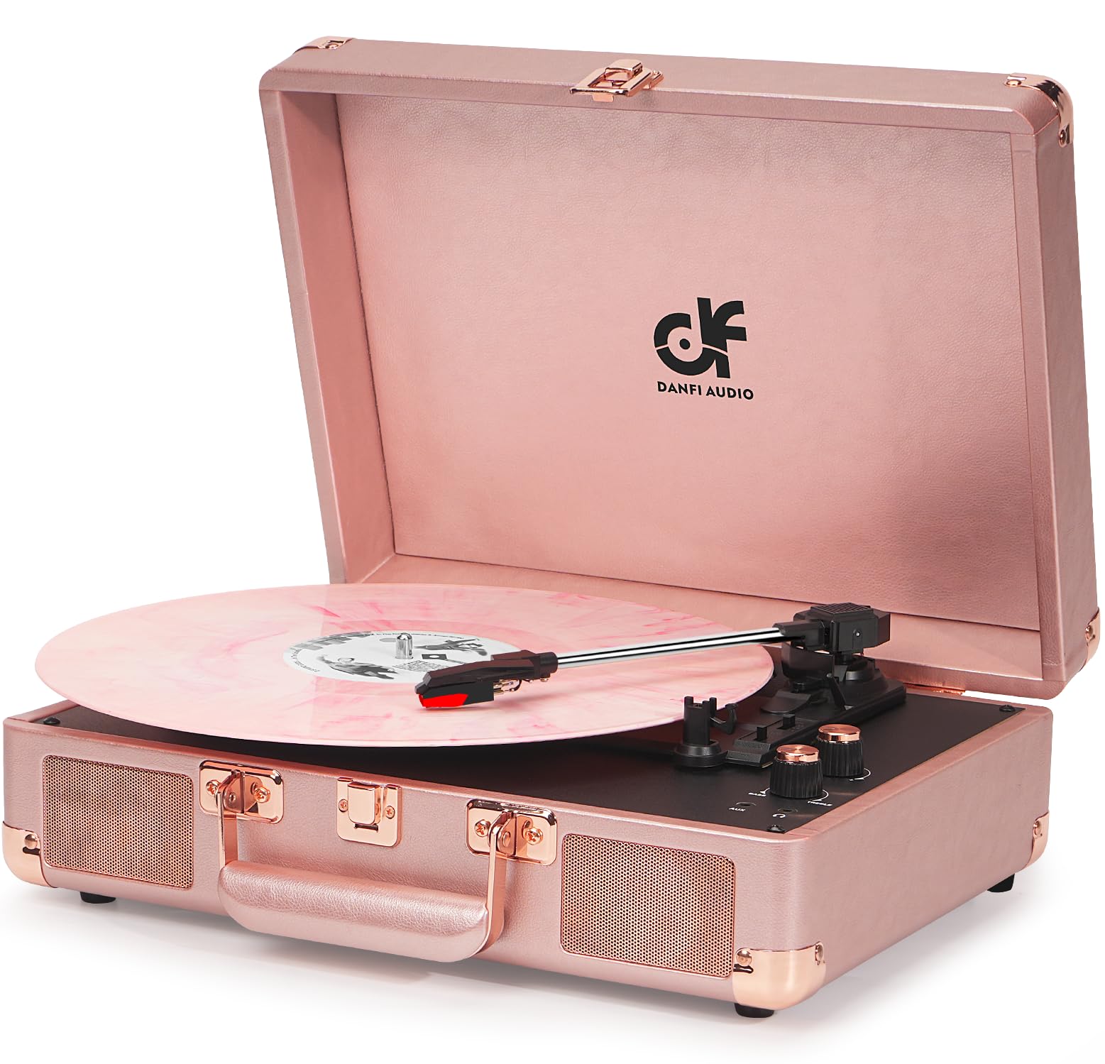 Portable 3-Speed Vinyl Record Player with Built-in Speakers, 3.5mm Headphone Jack, RCA/Aux Input, Classic Strap Driven Swivel Plate, Rose Gold