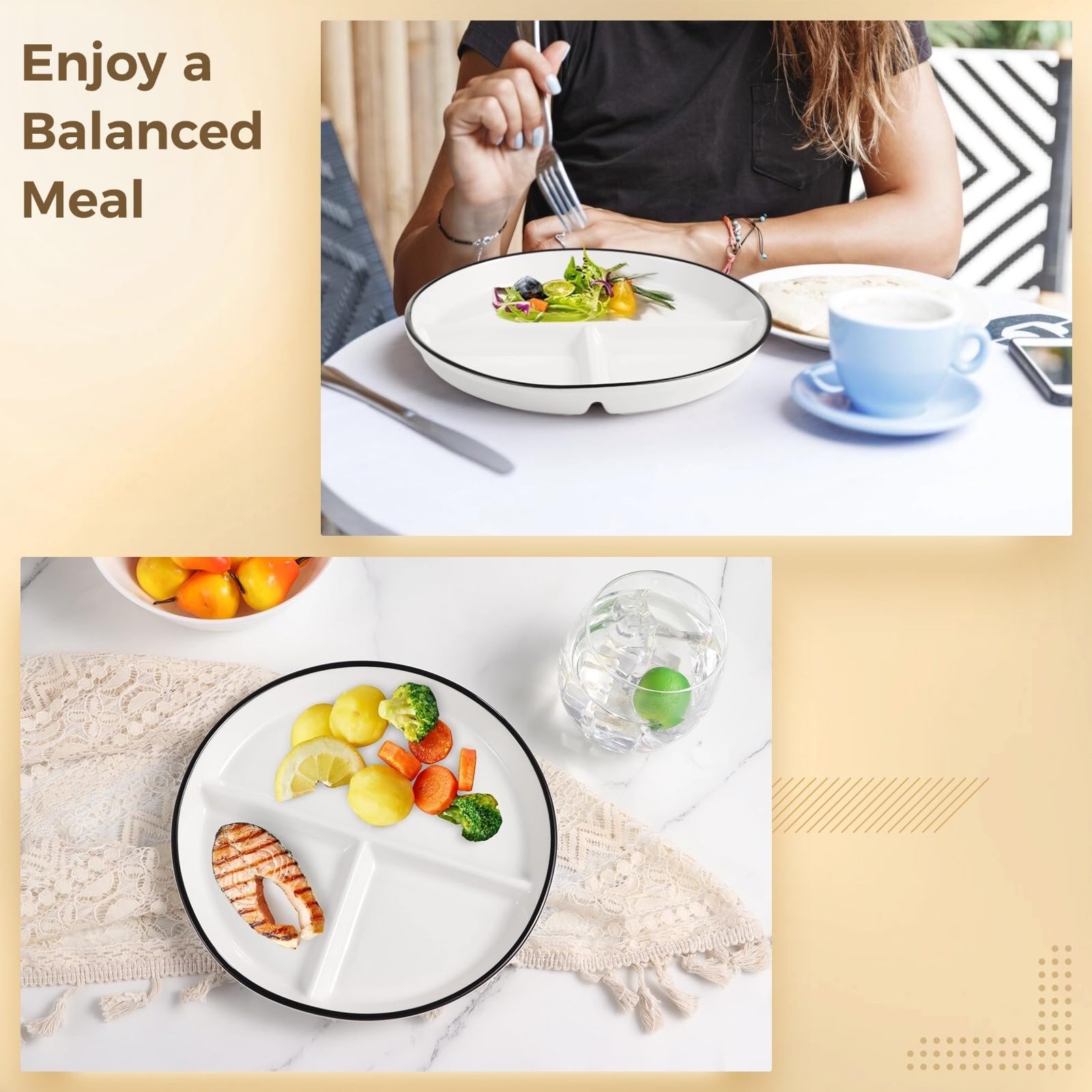Lot de 2 assiettes de contrôle des portions, 23,6 cm en céramique divisée pour adultes, régime alimentaire en porcelaine, blanc pour repas équilibrés, diabète et perte de poids